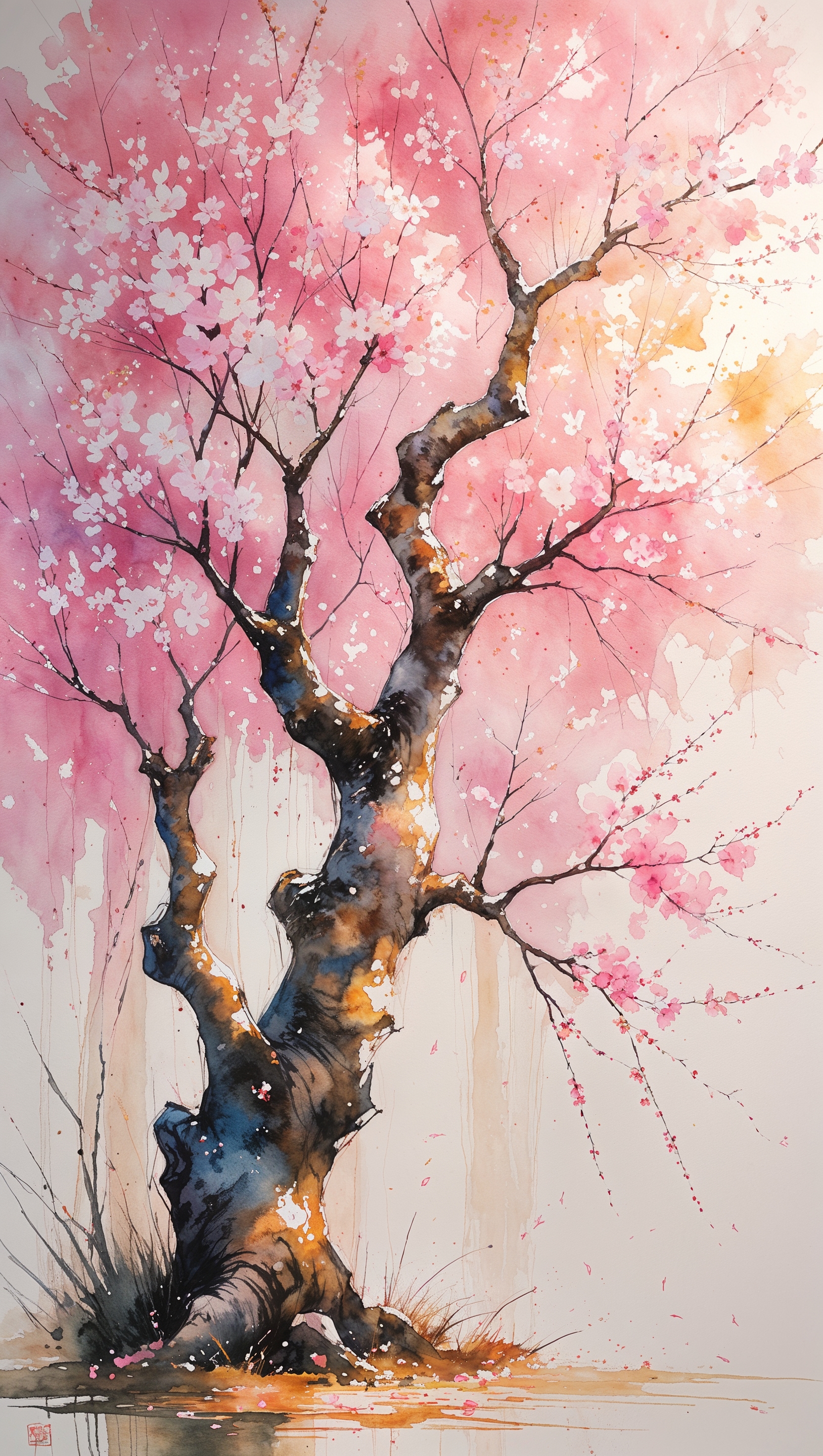 Watercolor painting of cherry blossom trees in full bloom, vertical layout