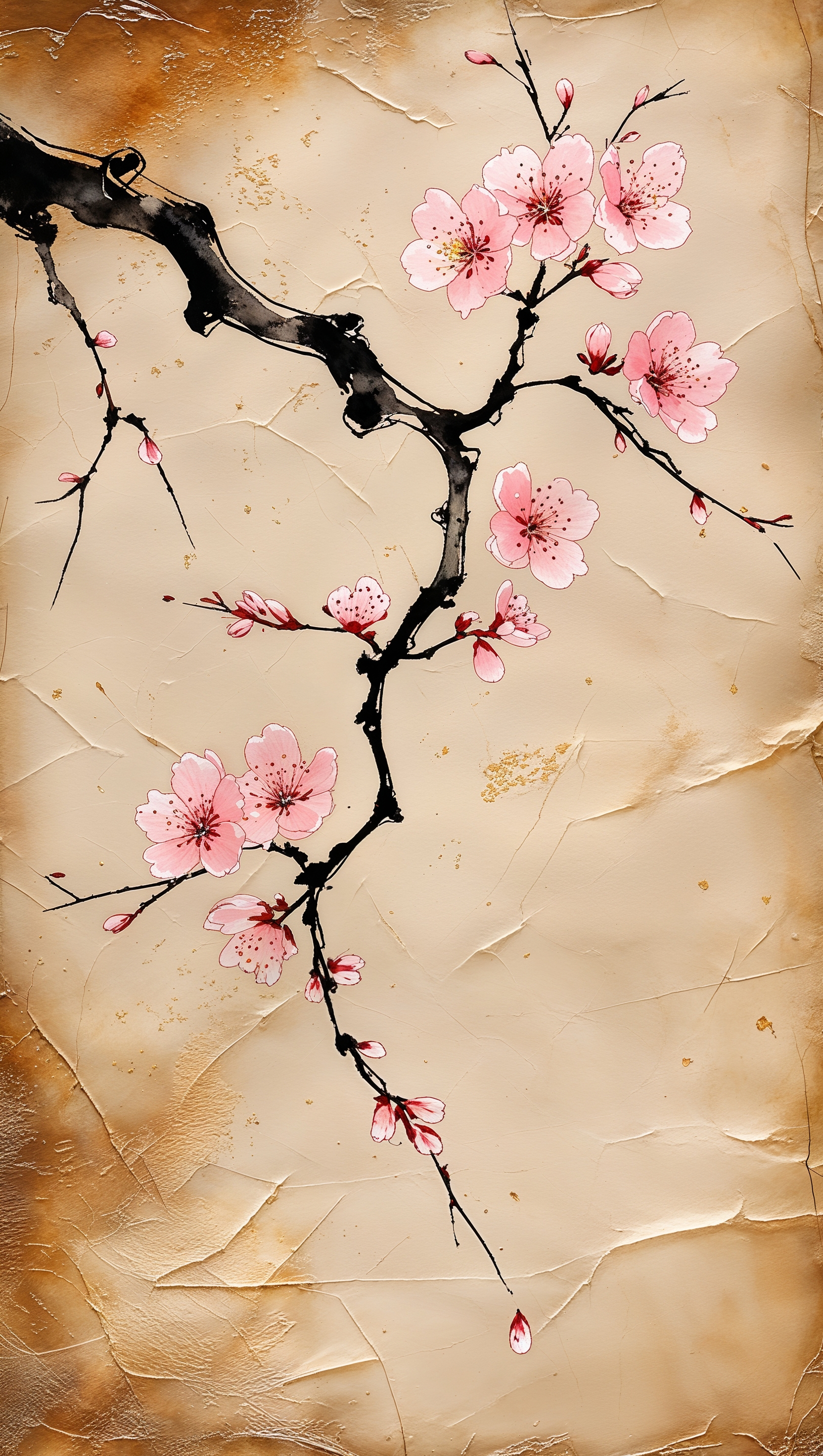 Ink-style Japanese cherry blossom branch on parchment texture