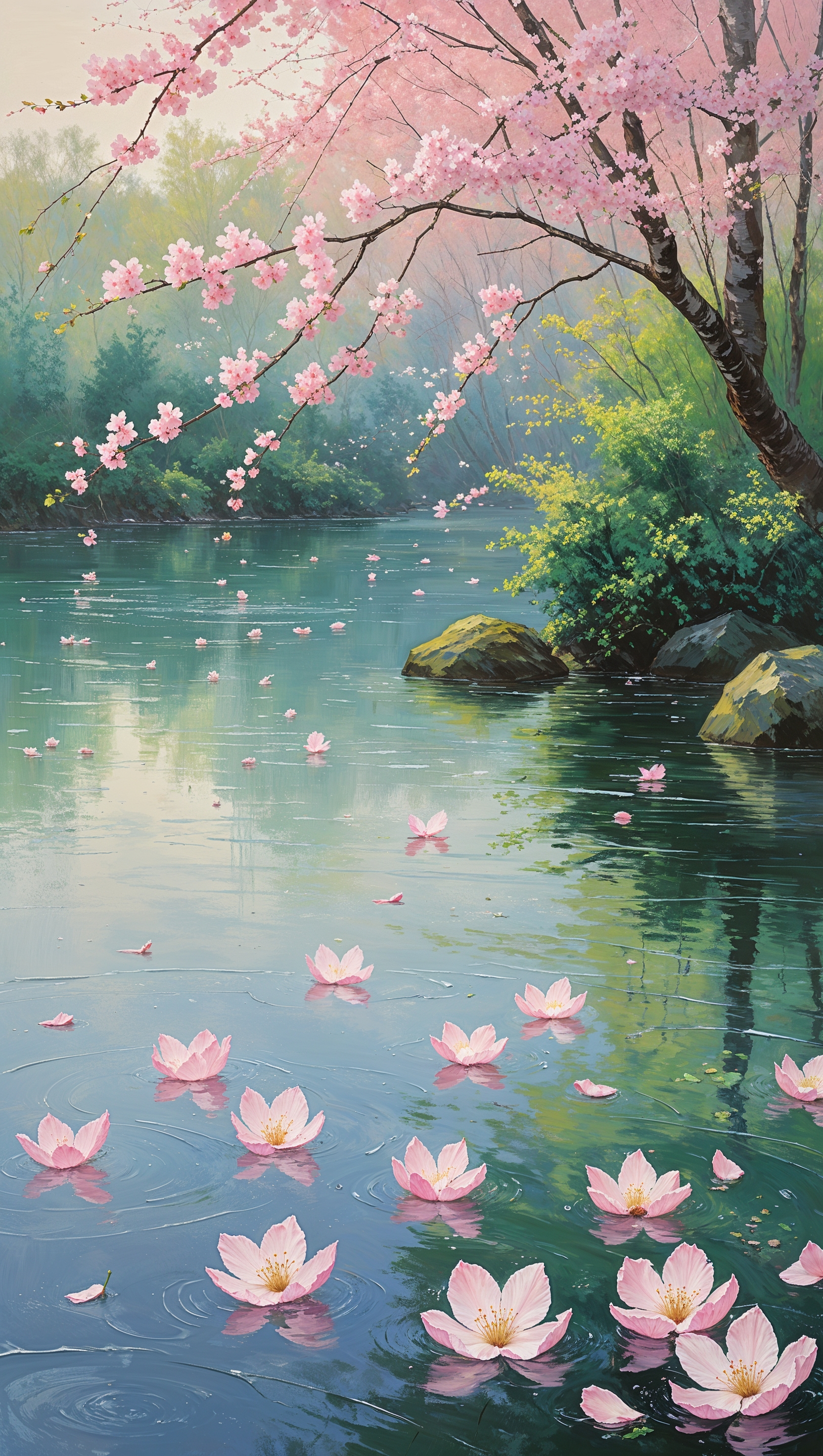 Sakura petals floating on a calm pond, impressionist painting style