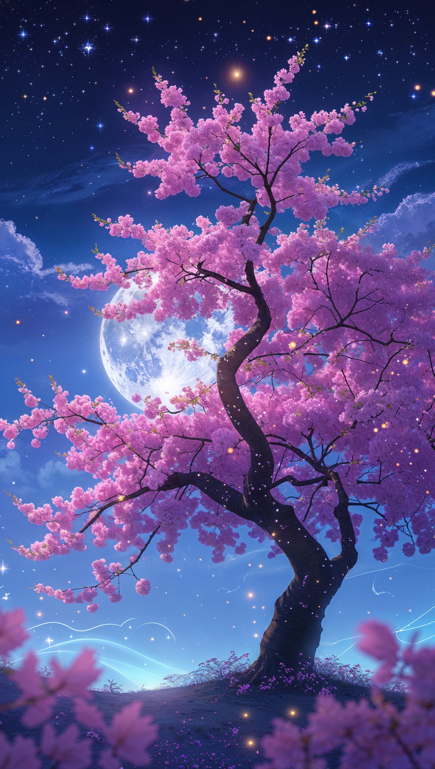 Digital art of cherry blossom tree under starlit night sky, magical mood