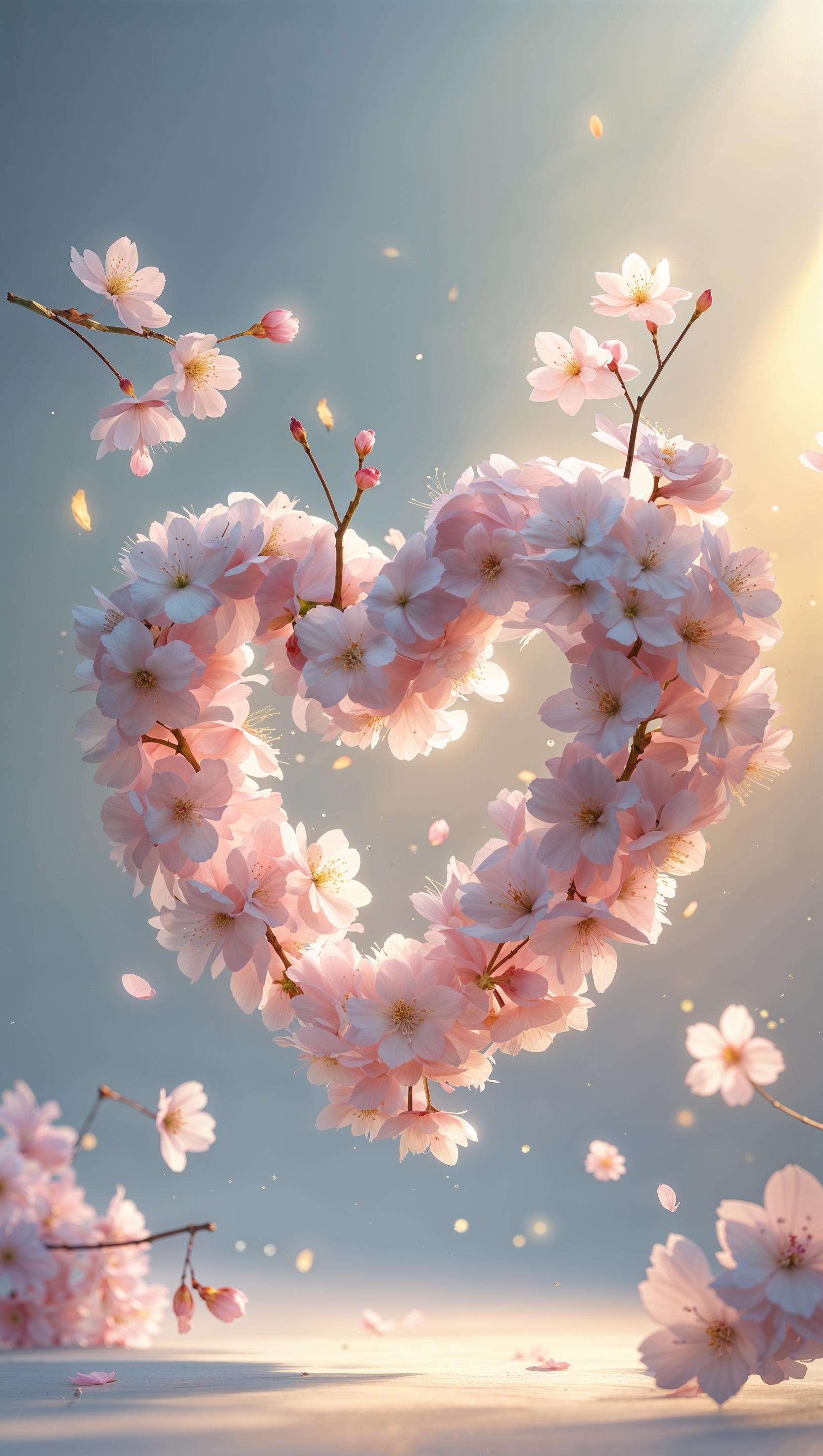Cherry blossoms forming a heart shape in the air, soft fantasy touch