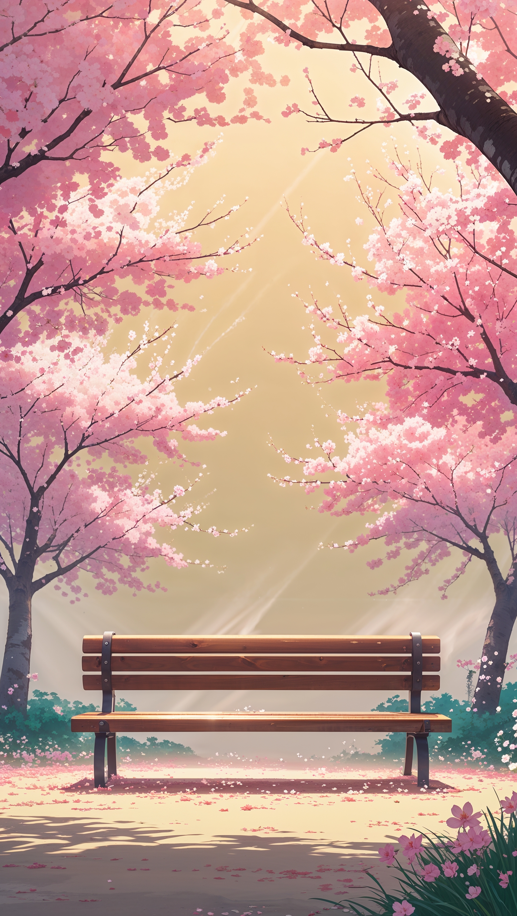 Silhouette of cherry blossom tree at sunset with glowing pink sky