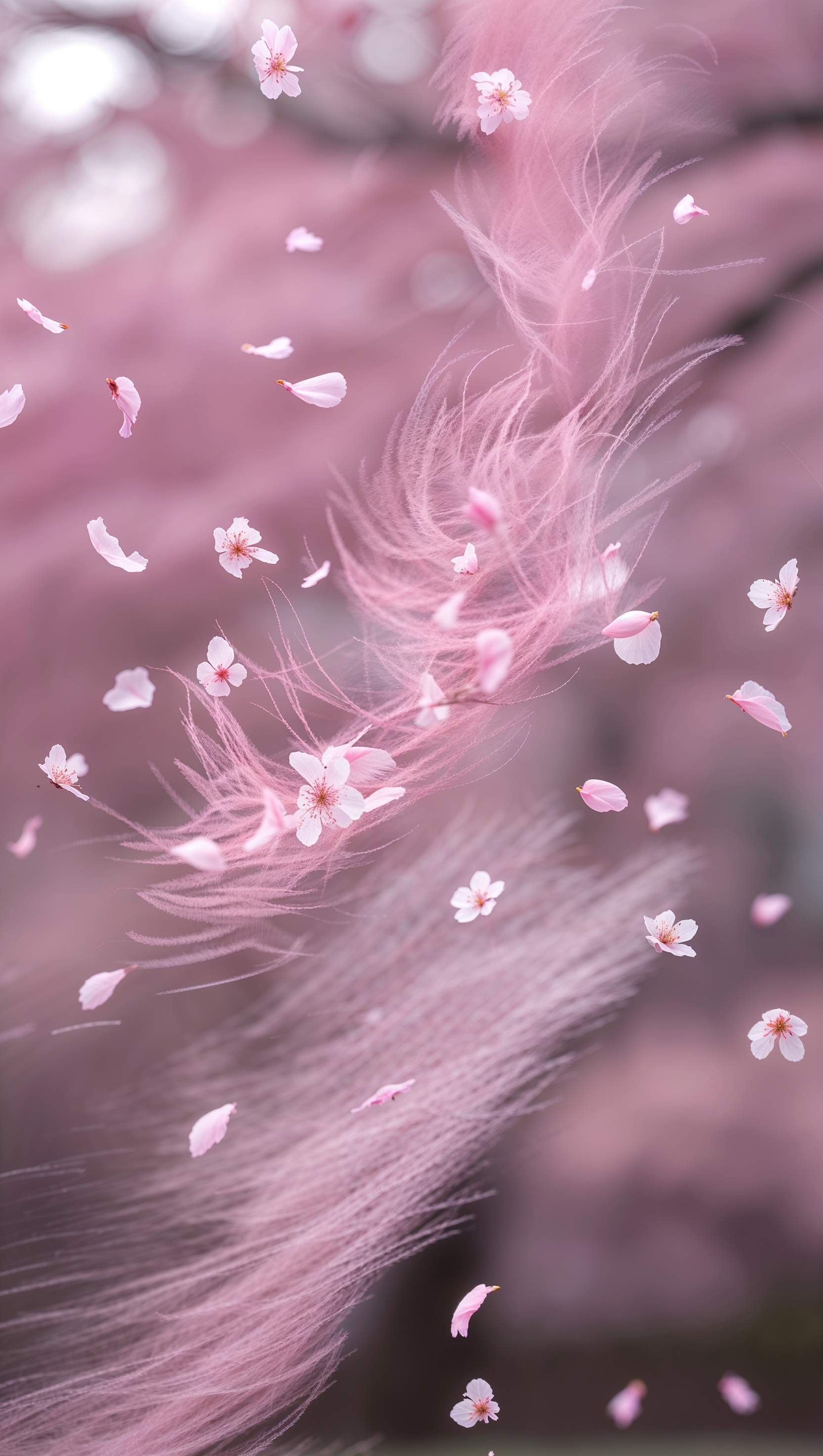 Cherry blossom petals swirling in the wind, stylized motion blur