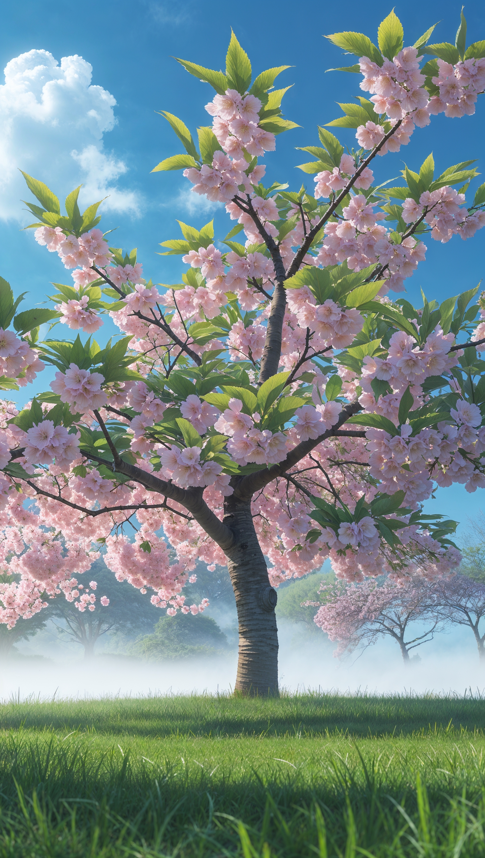 Cherry blossom tree in full bloom under a blue spring sky, peaceful and vibrant