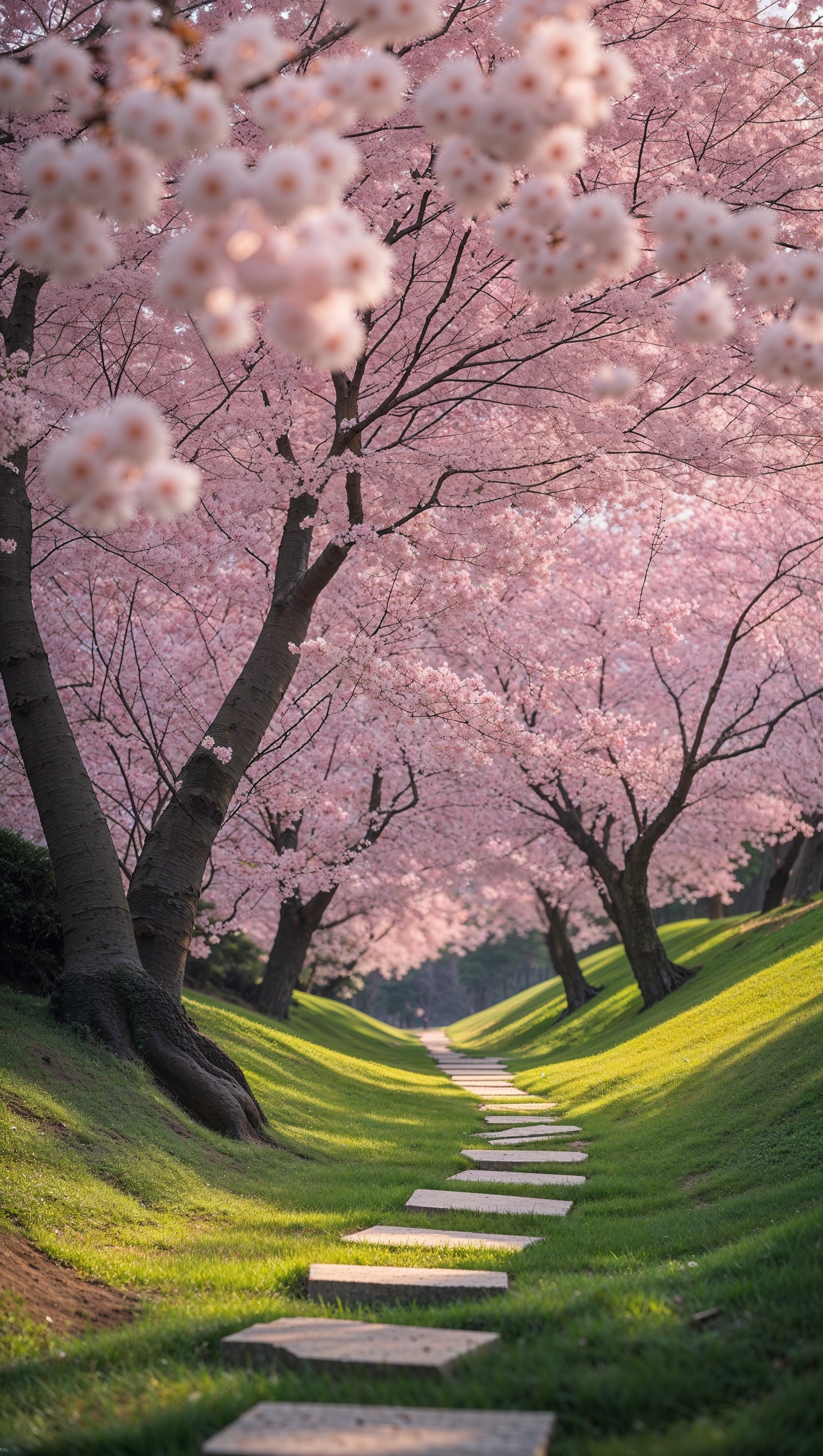 Sakura trees lining a quiet path, soft pink canopy above