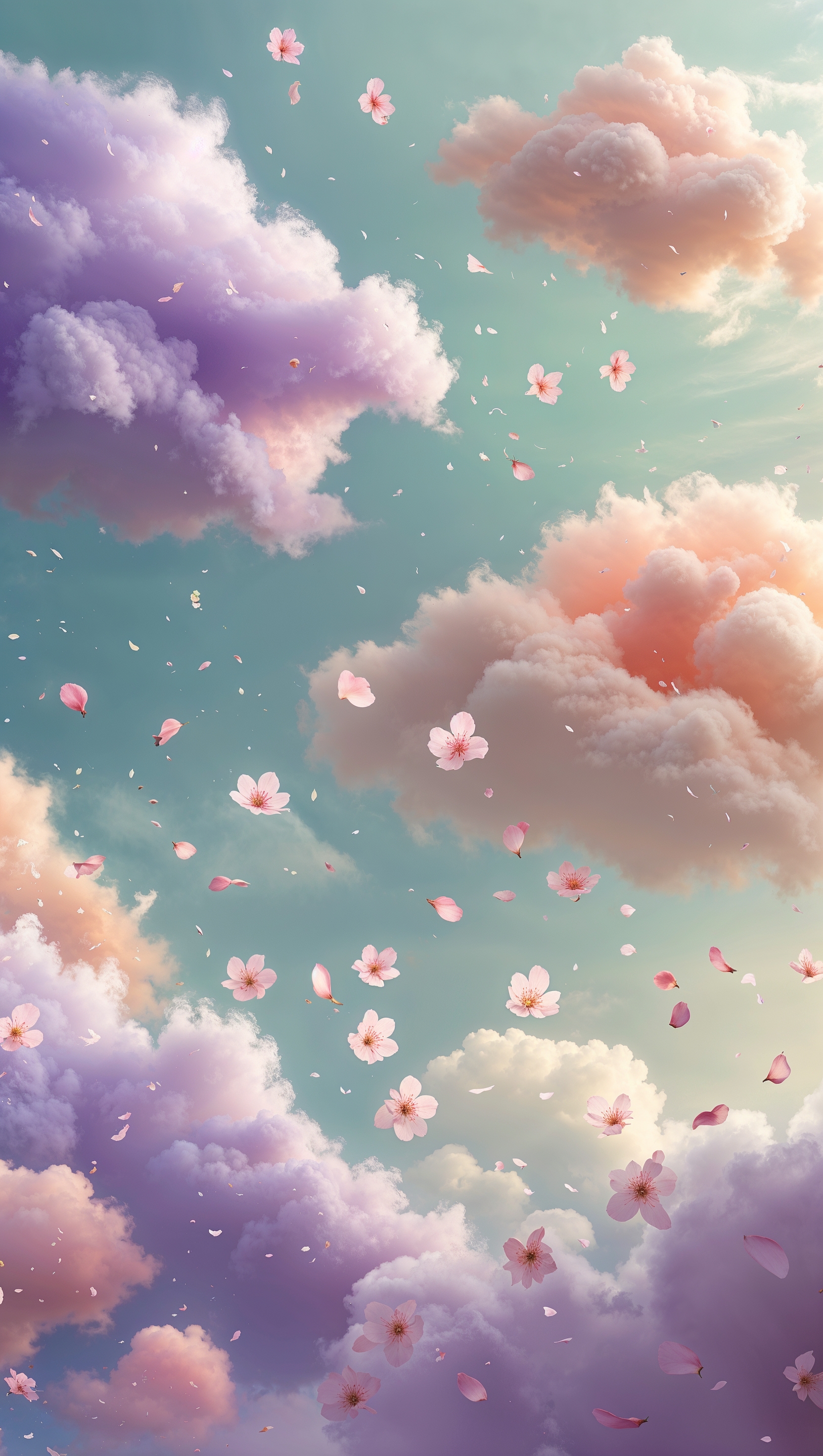 Cherry blossom sky with floating petals and dreamy pastel clouds