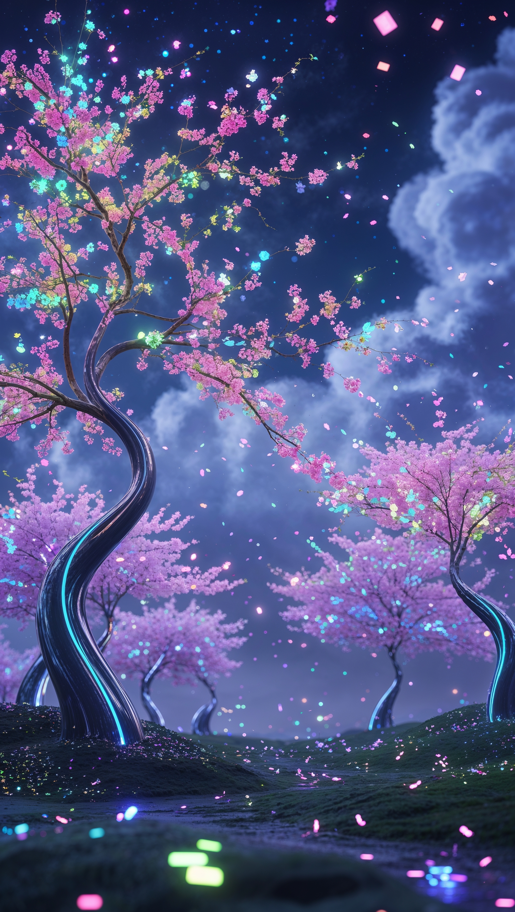Futuristic cherry blossom scene with glowing petals and digital trees