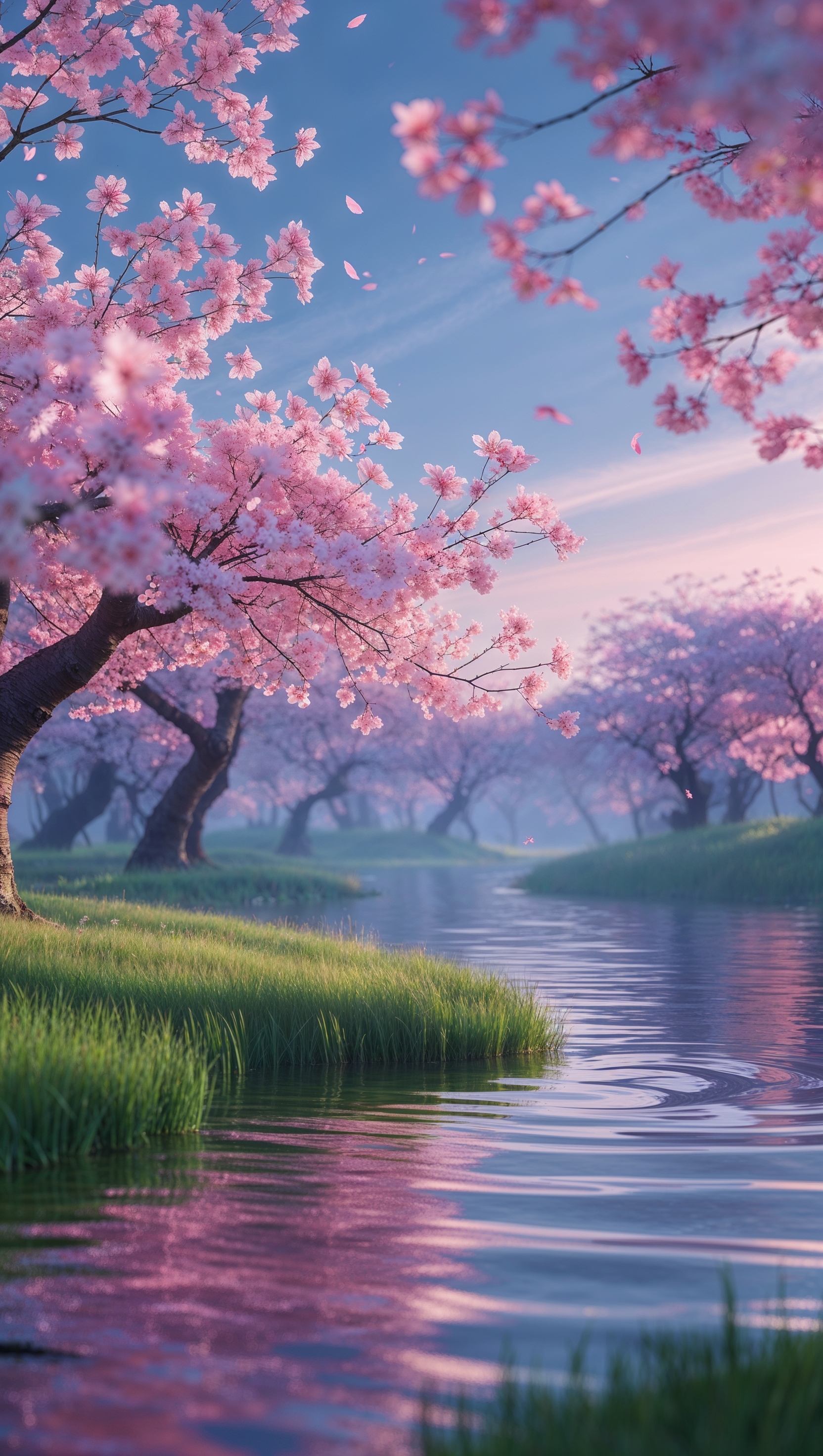 3D render of cherry blossom landscape with soft shadows and reflections
