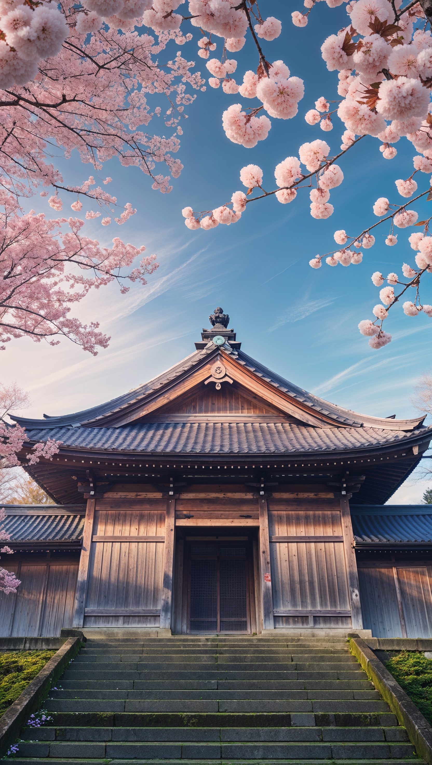 Vertical Japanese temple surrounded by cherry blossoms in full bloom