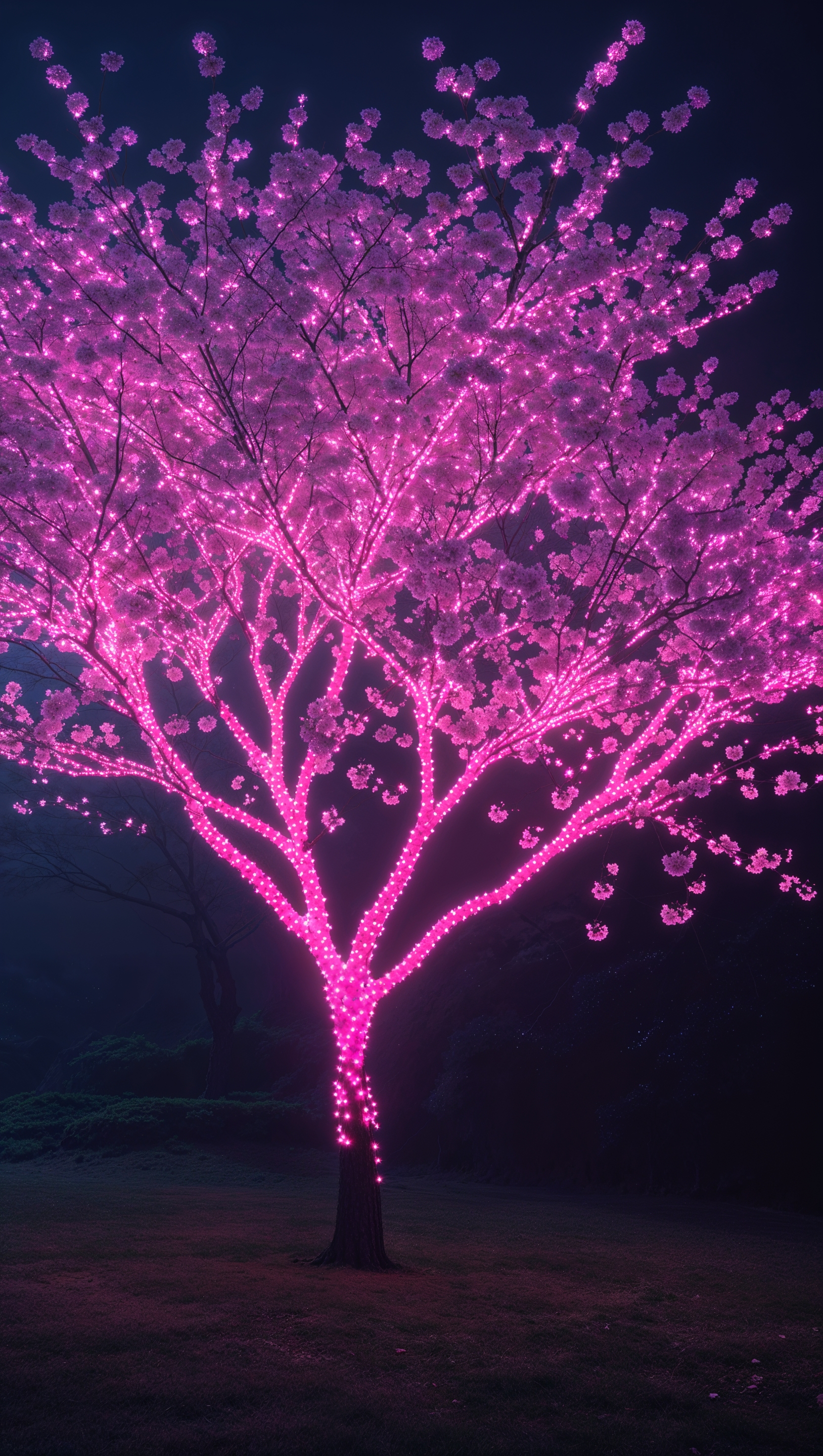 Neon sakura scene with glowing pink lights and dark background