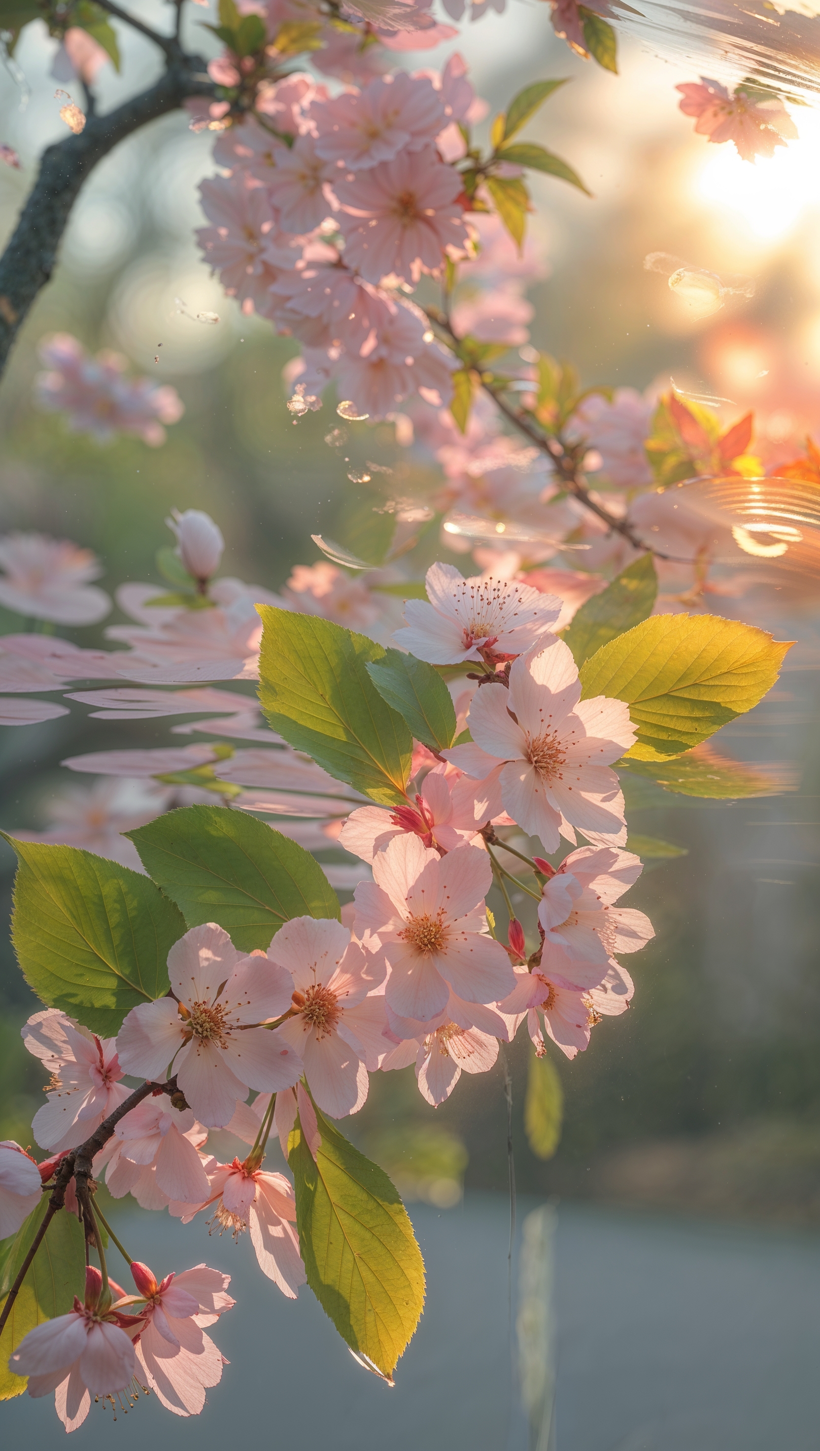 Glass reflection of cherry blossom tree under soft sunrise light
