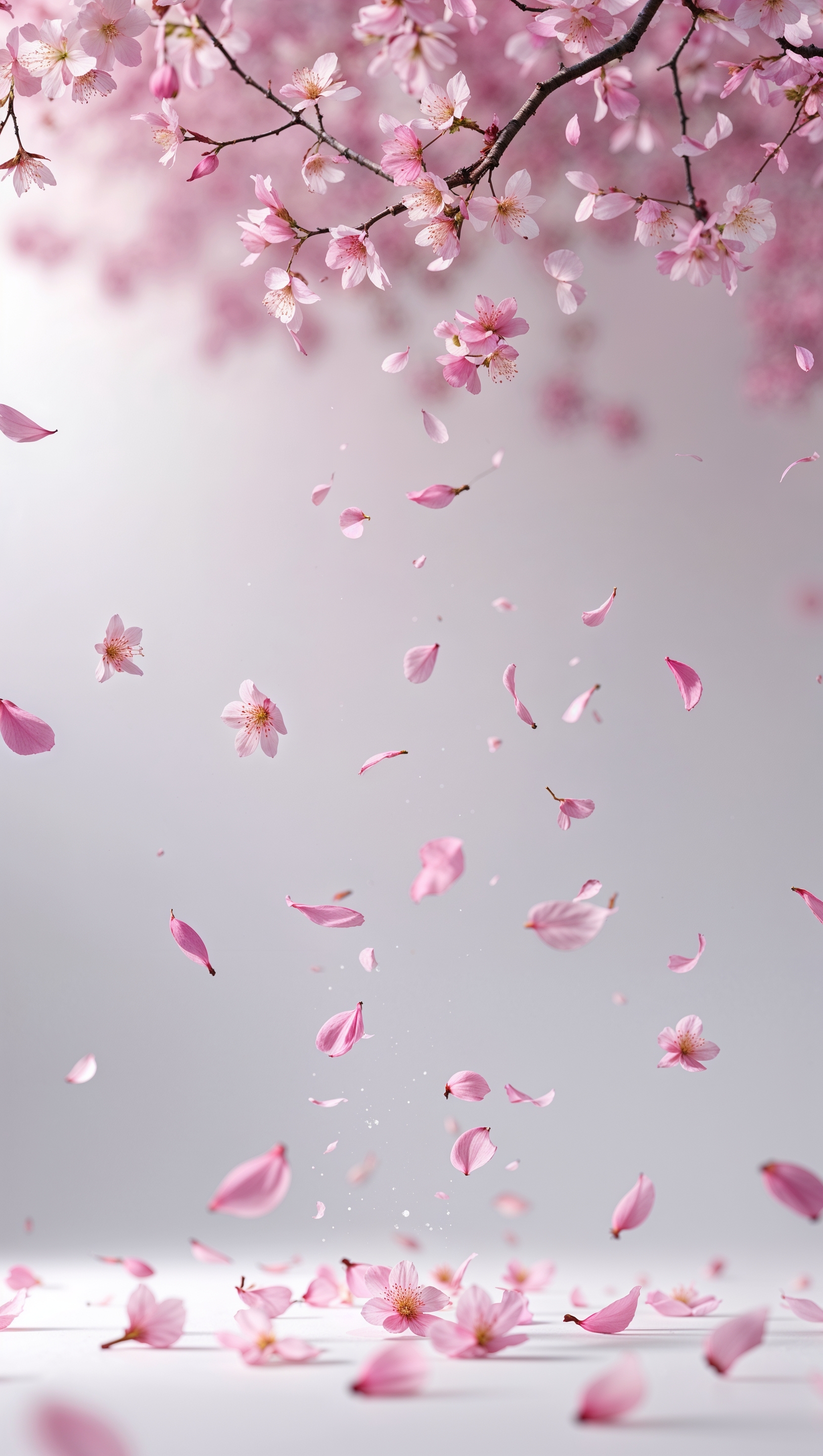 Vertical iPhone wallpaper with falling sakura petals on white background