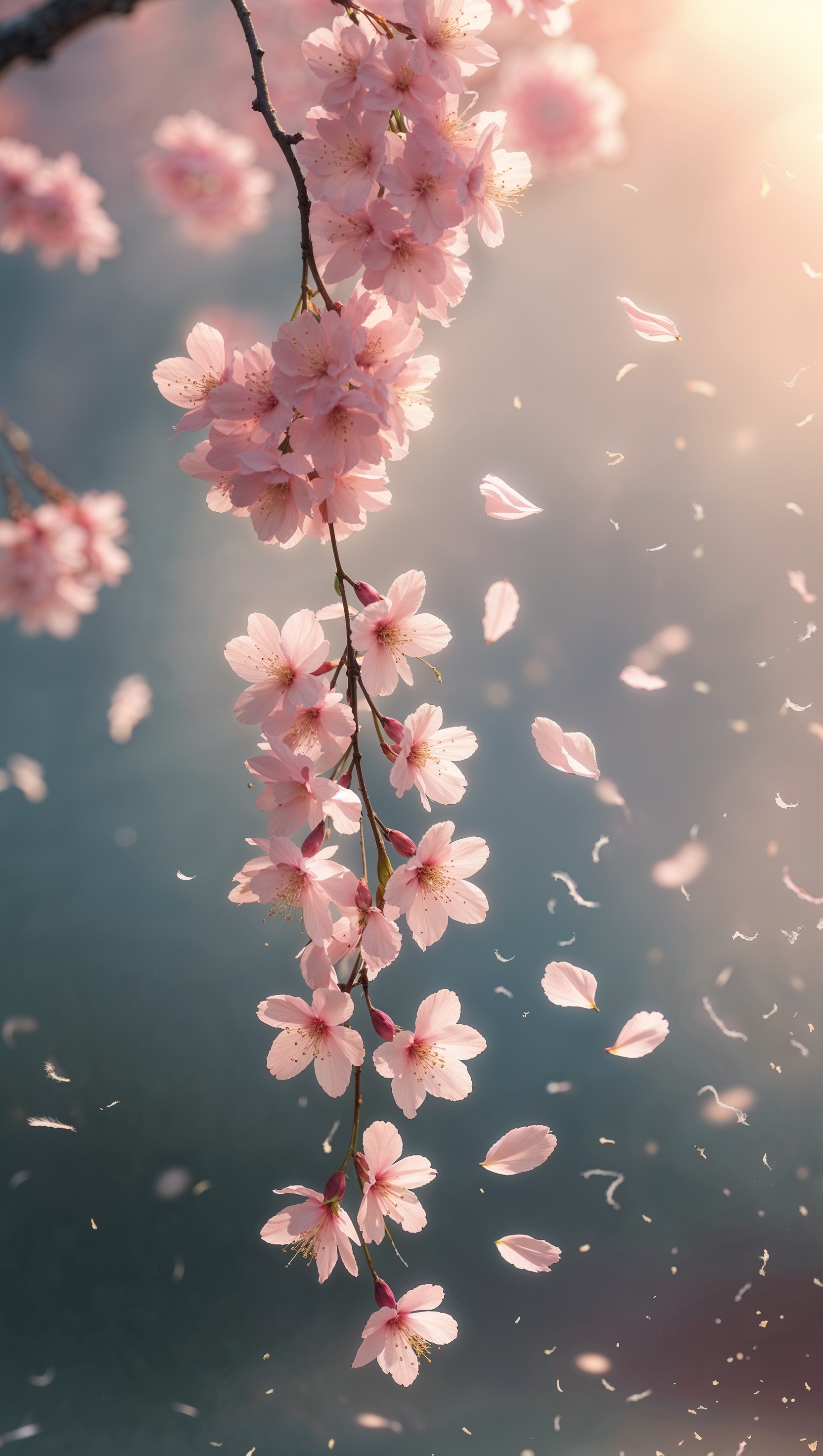 Falling cherry blossom petals with gentle breeze effect, dreamy atmosphere