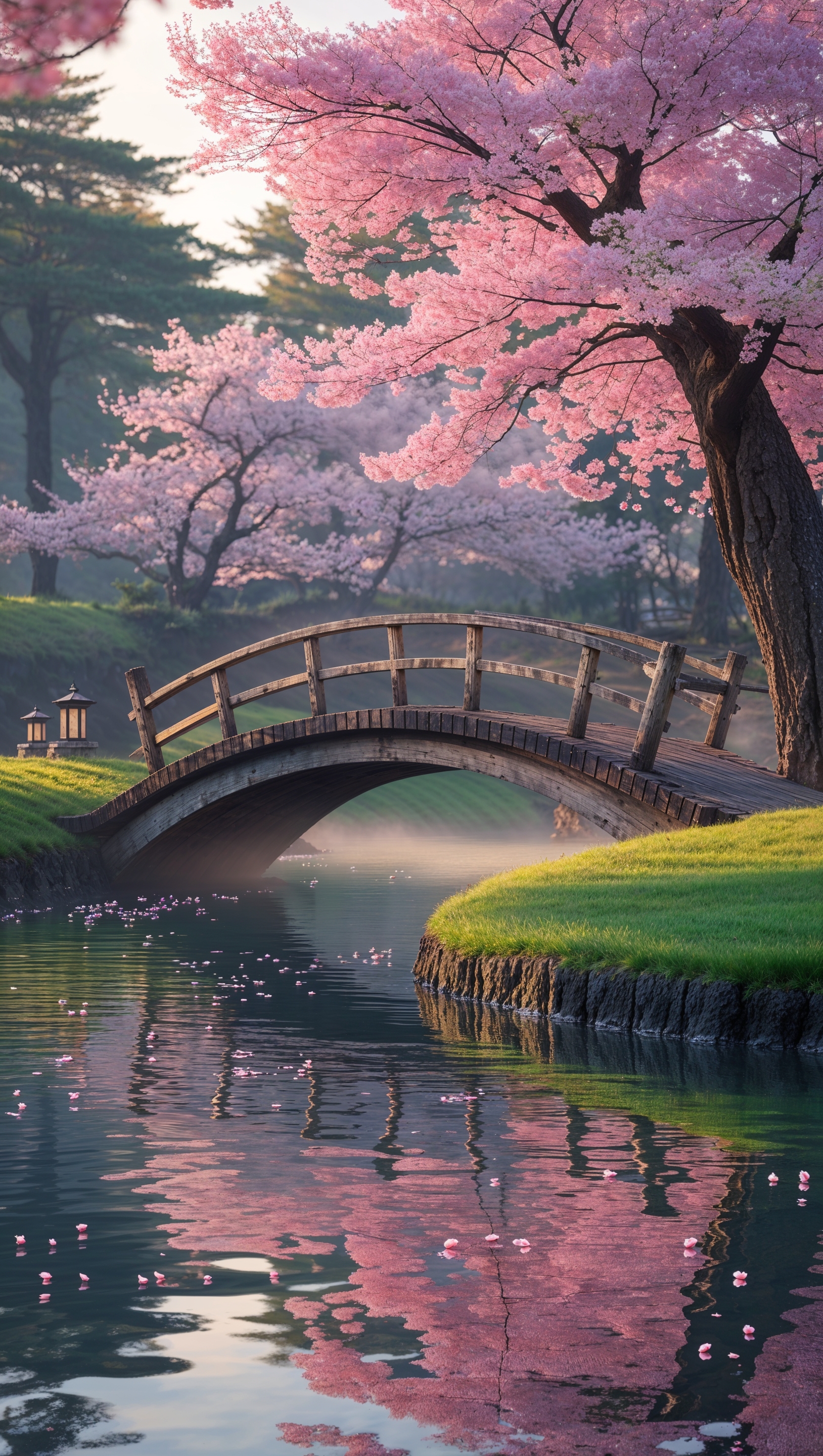 Traditional Japanese cherry blossom park with wooden bridge and calm water