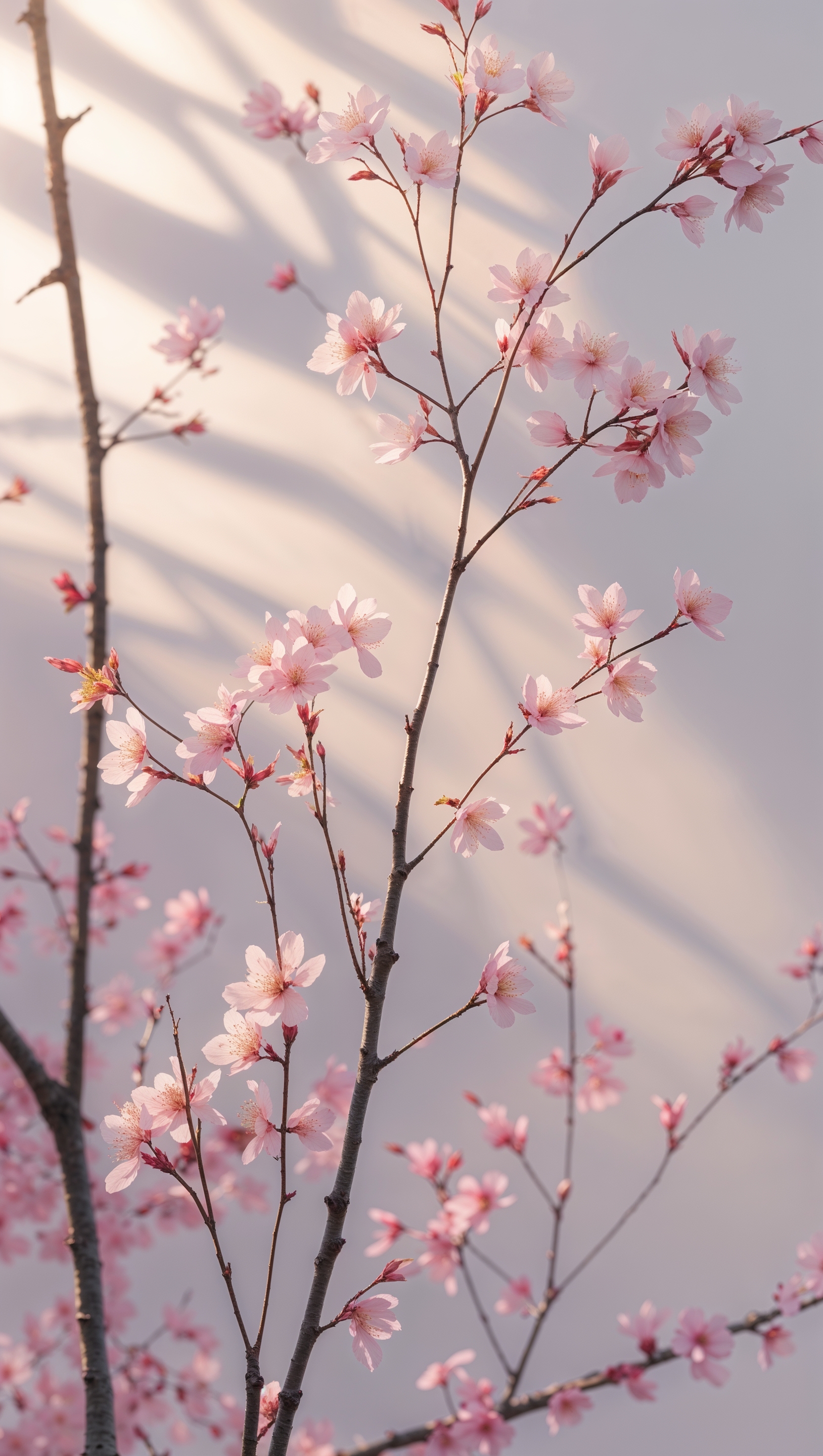 Vertical iPhone wallpaper showing cherry blossom branch with soft sunlight