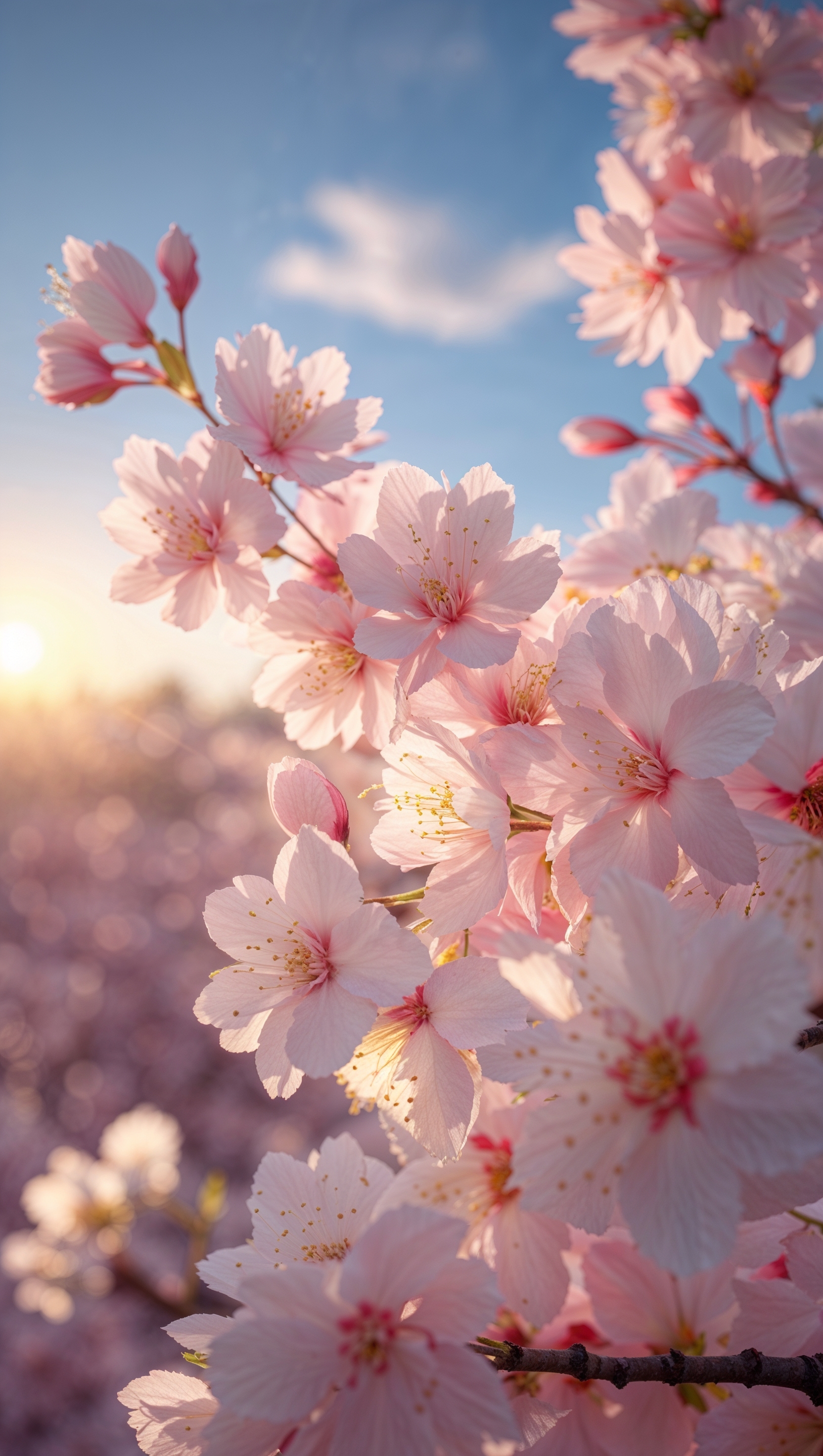 Golden hour cherry blossoms with glowing petals and warm light