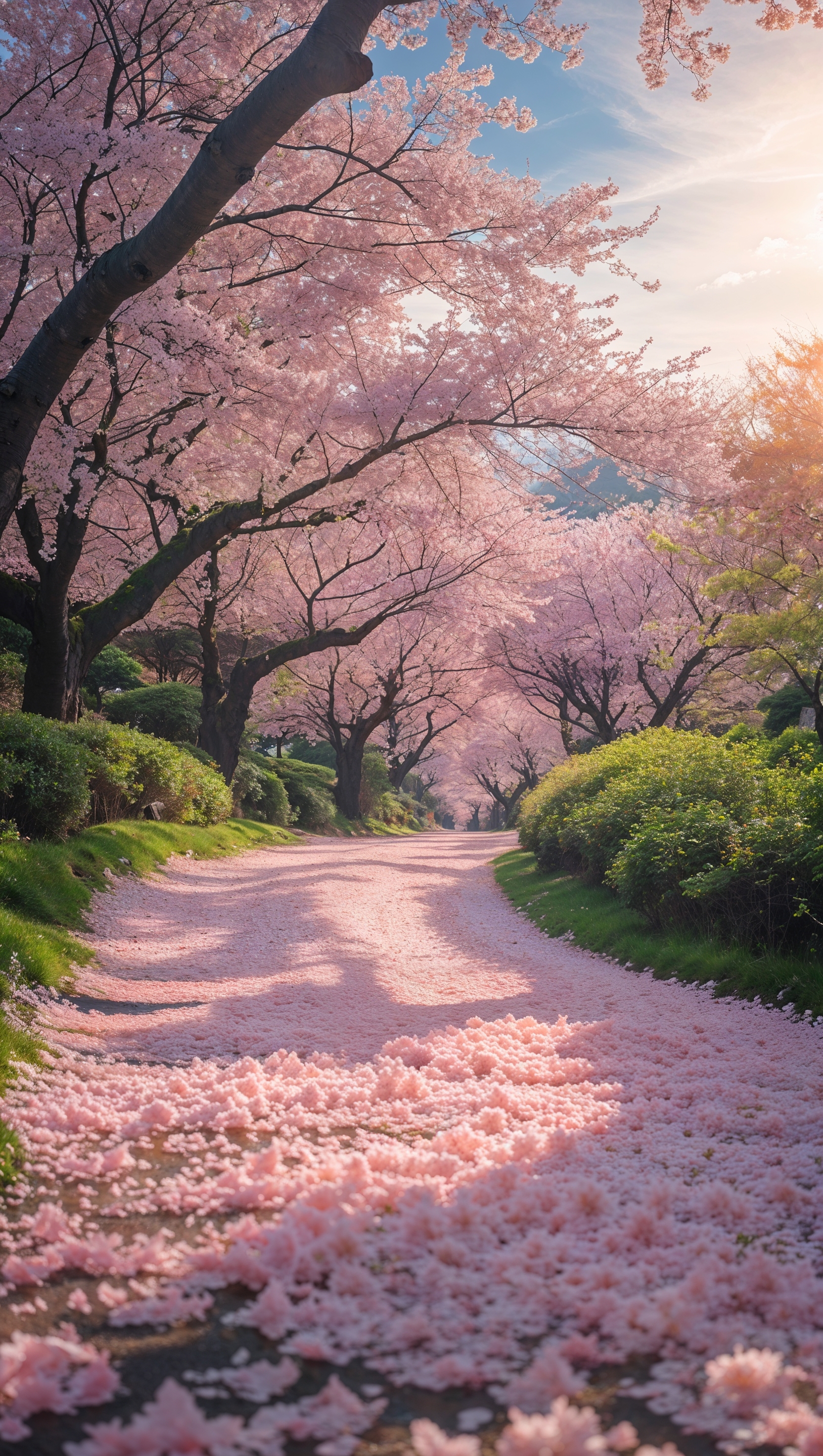 Cherry blossom path covered with pink petals, peaceful spring scenery