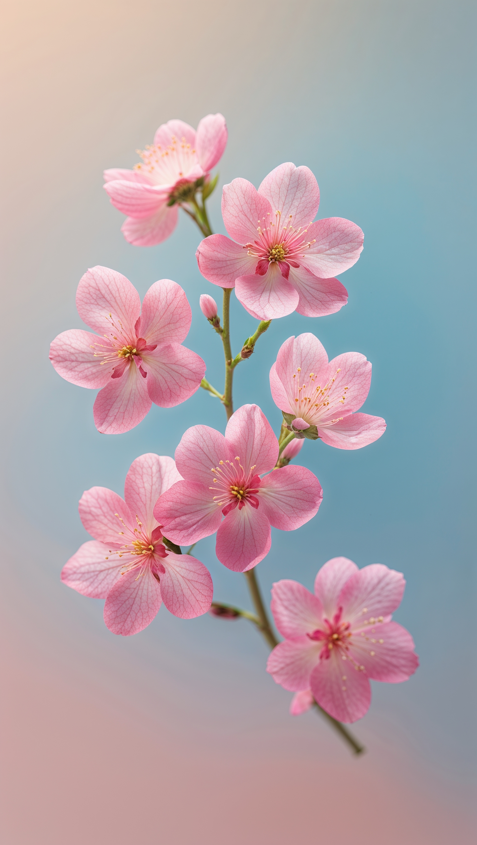A single cherry blossom flower in focus with blurred trees behind