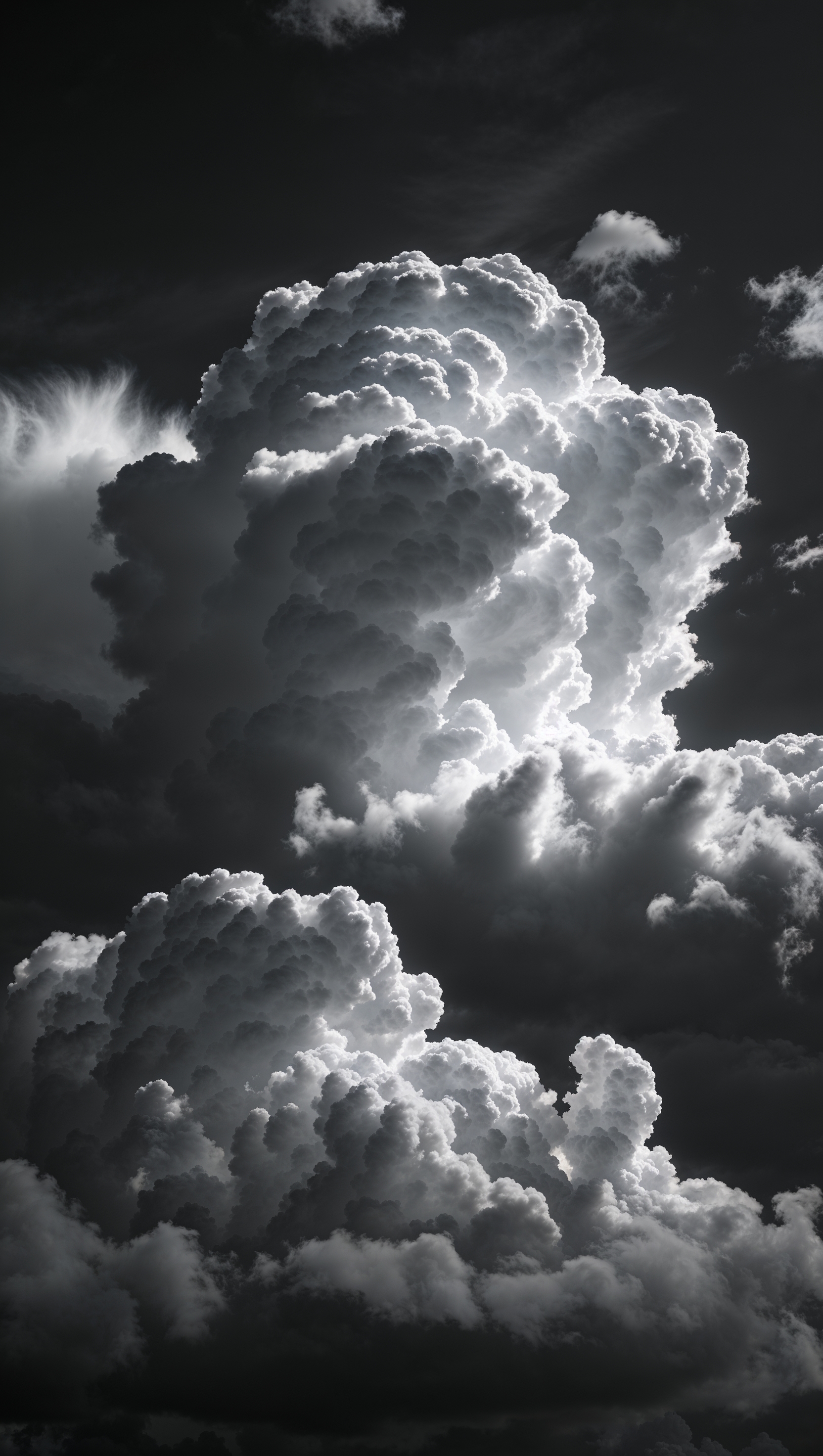 Cinematic scene of clouds in black and white with high contrast shadows