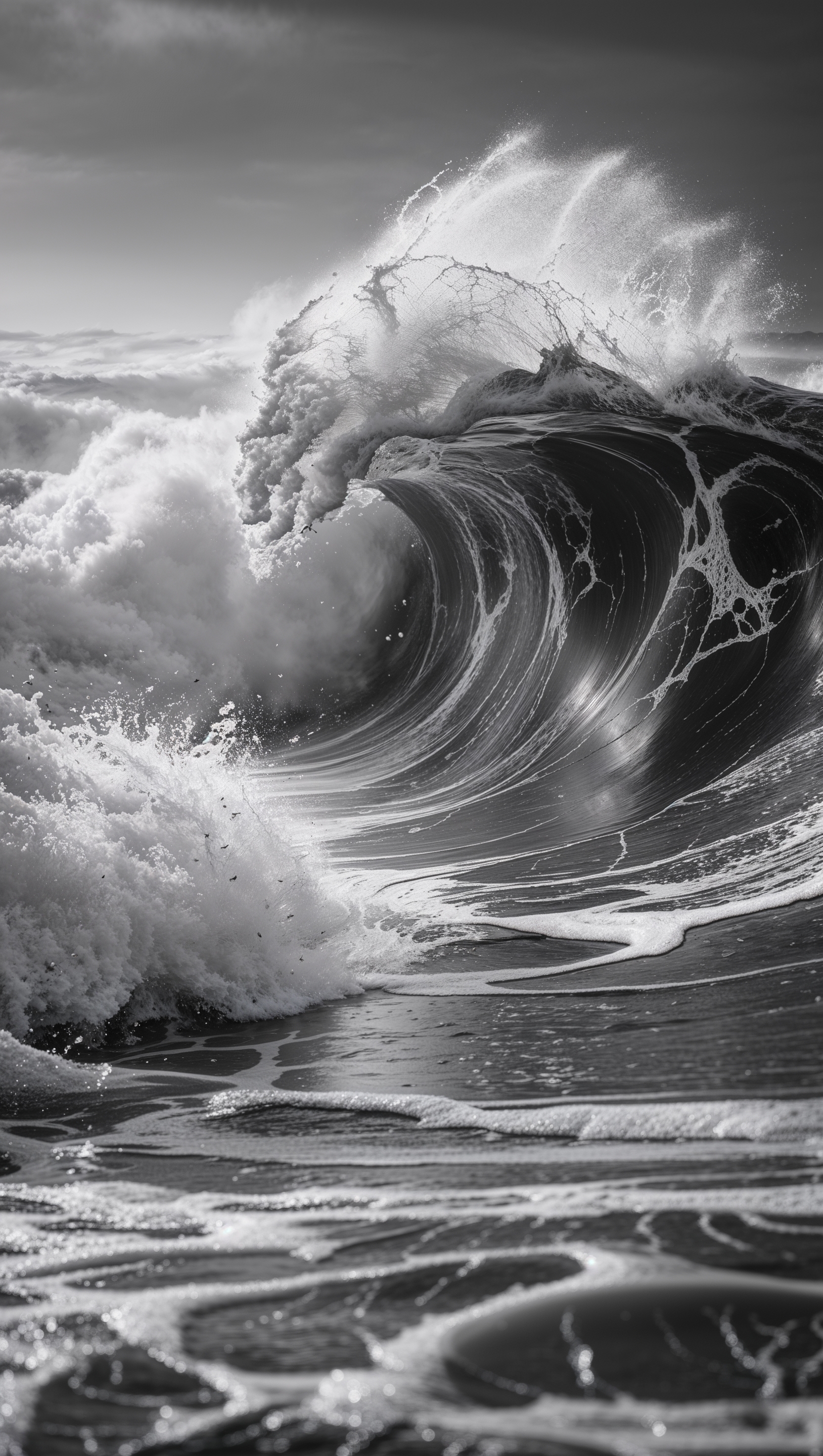 Black and white photo of ocean waves crashing, detailed and dramatic
