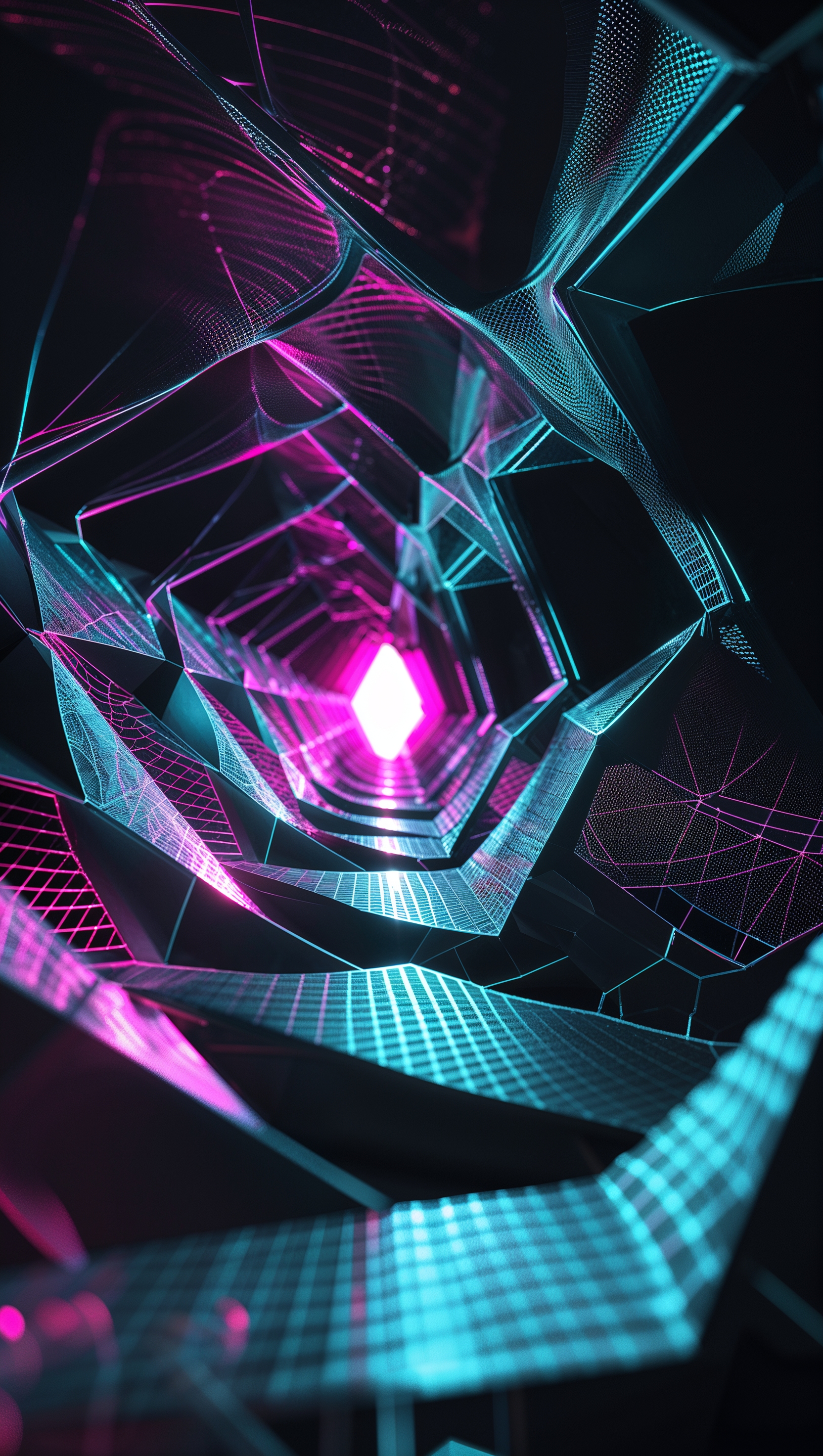 Futuristic black and white wireframe shapes with neon lighting effects