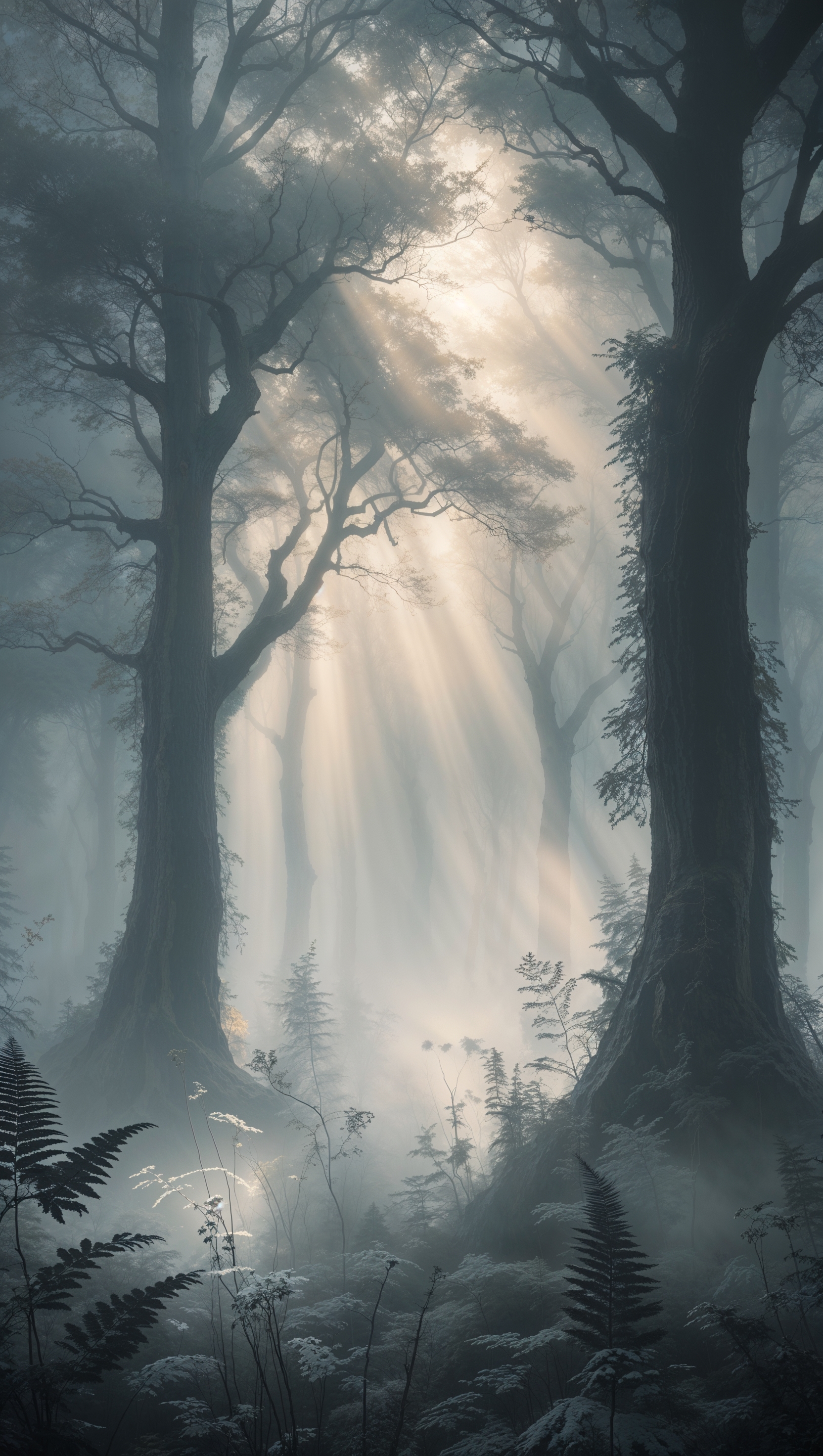 Soft grayscale wallpaper of foggy forest with subtle light rays