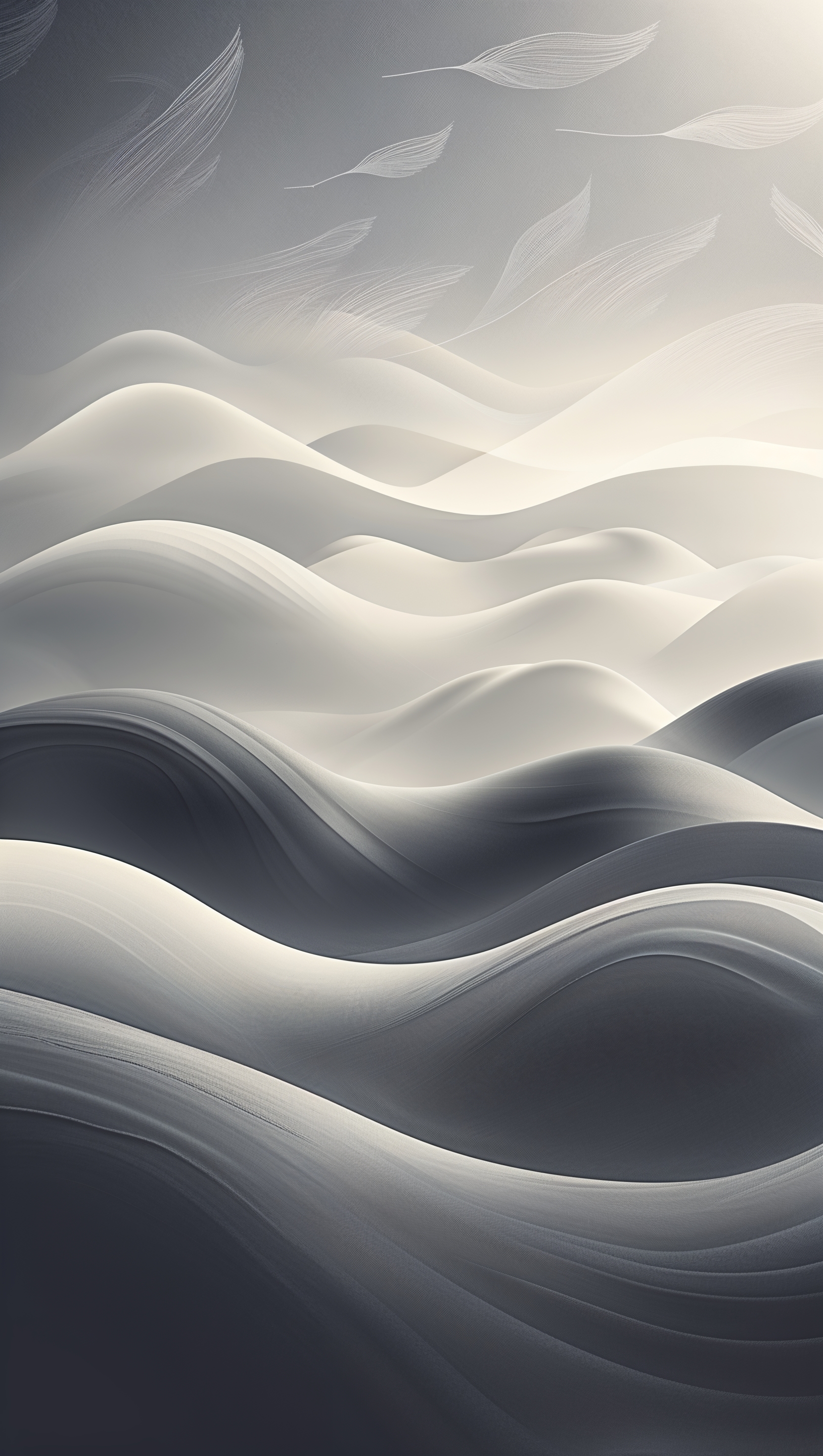 Monochrome abstract landscape with curved hills and misty skies