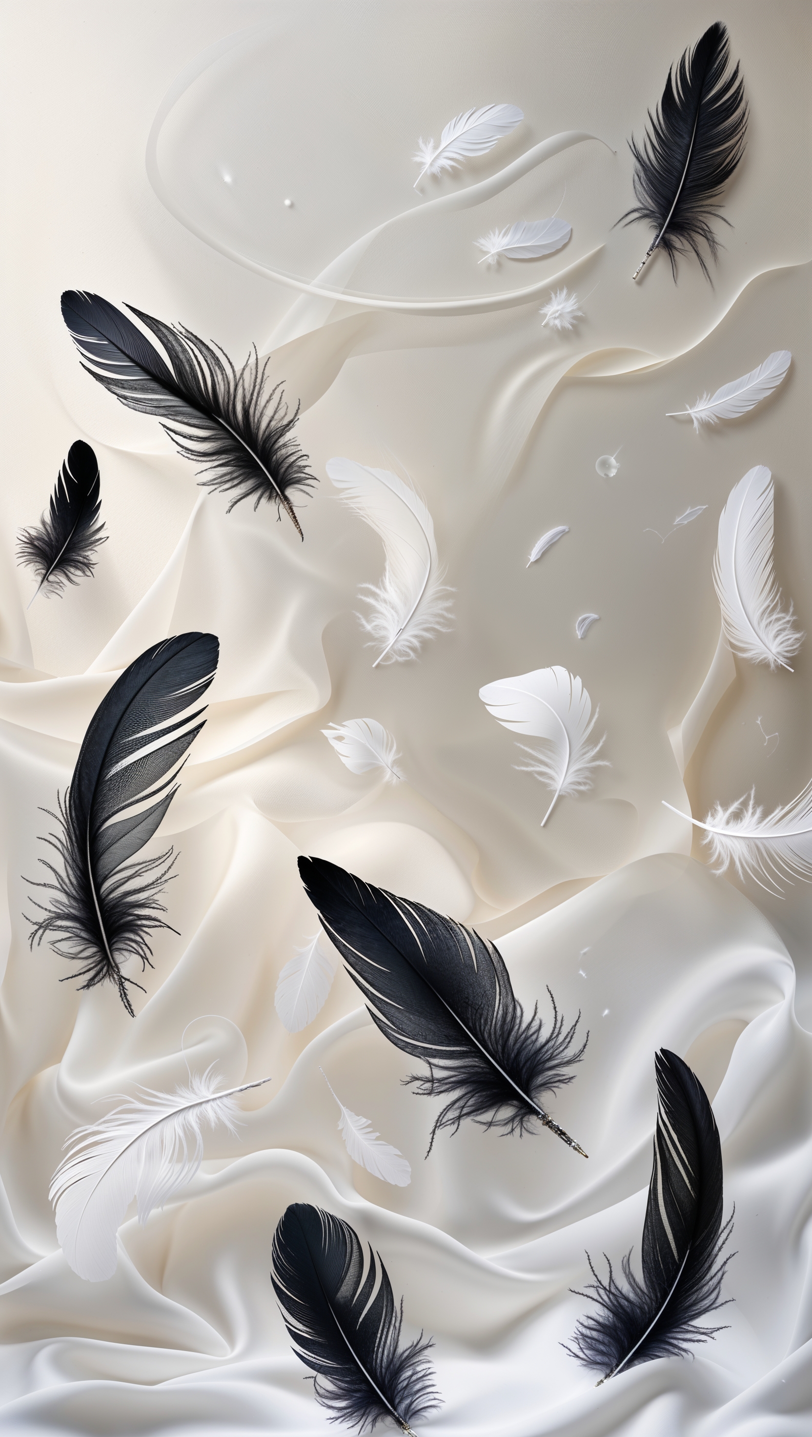 Elegant black and white feathers floating over a plain background