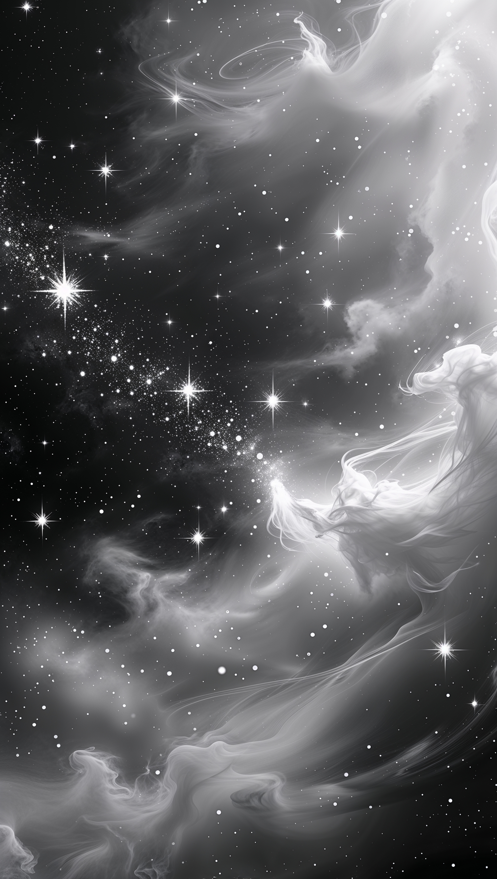 Black and white galaxy art with sparkling stars and soft cosmic fog