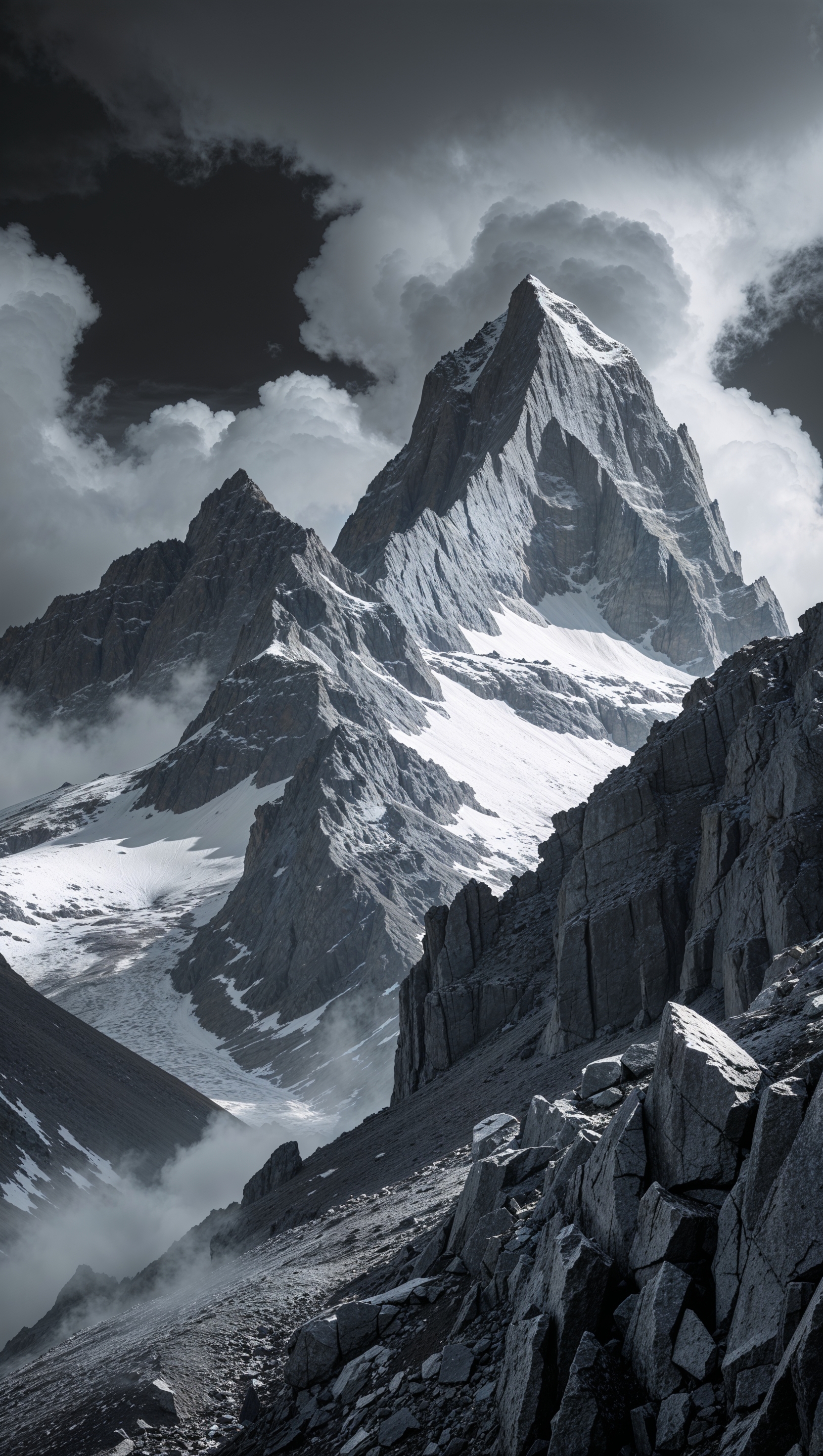 High-detail monochrome photograph of mountain peaks with dramatic lighting