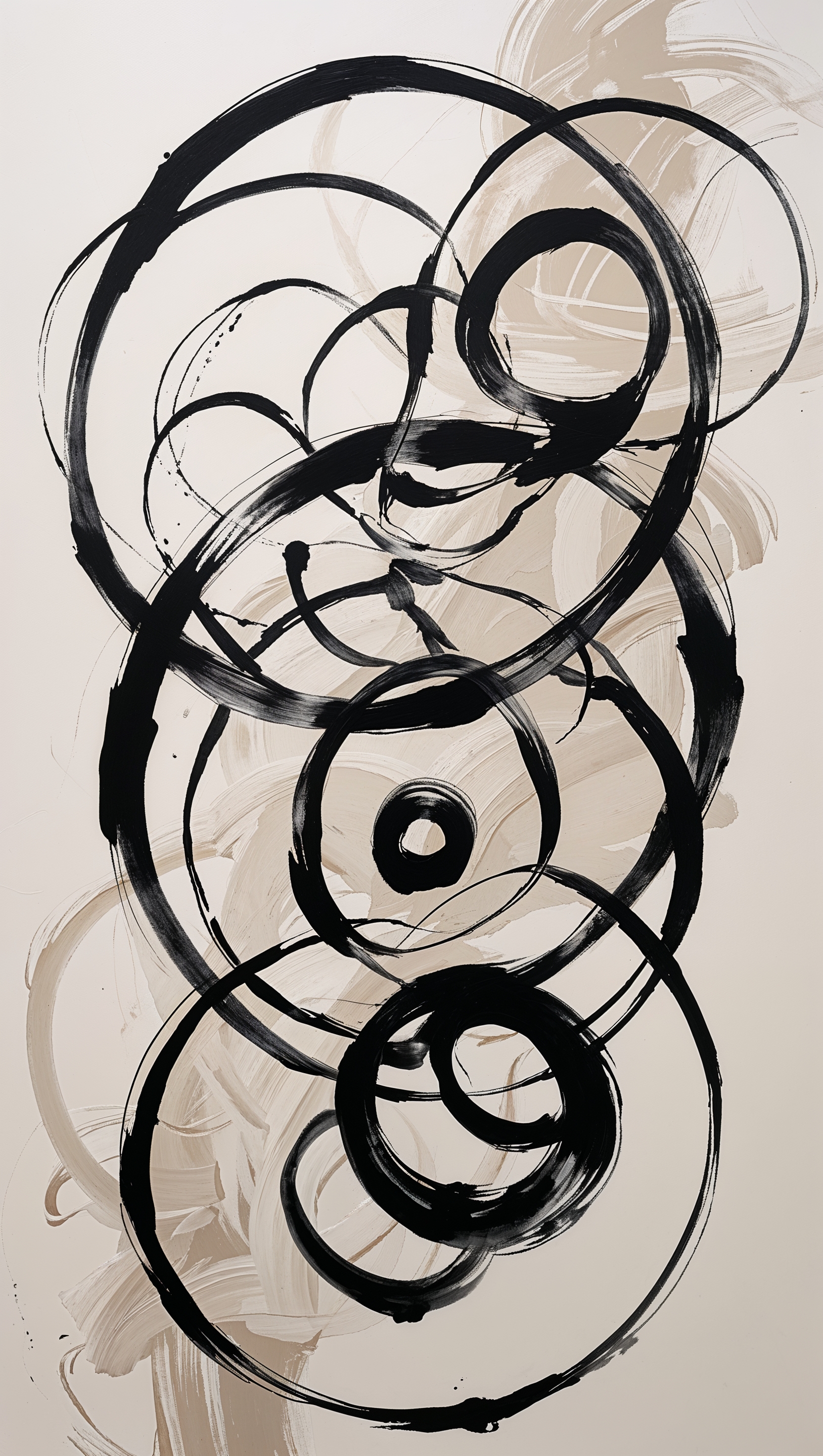 Abstract circular black ink patterns centered on a soft white canvas