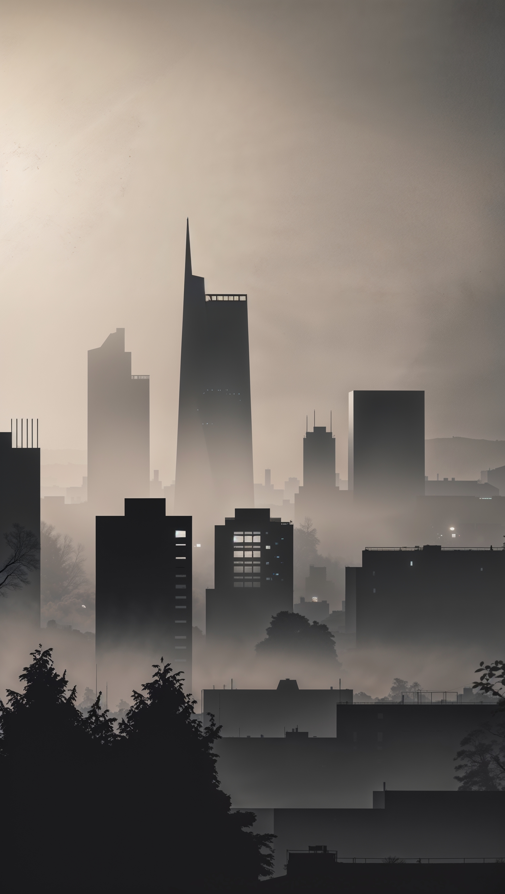 Black and white cityscape with silhouette buildings and foggy ambiance