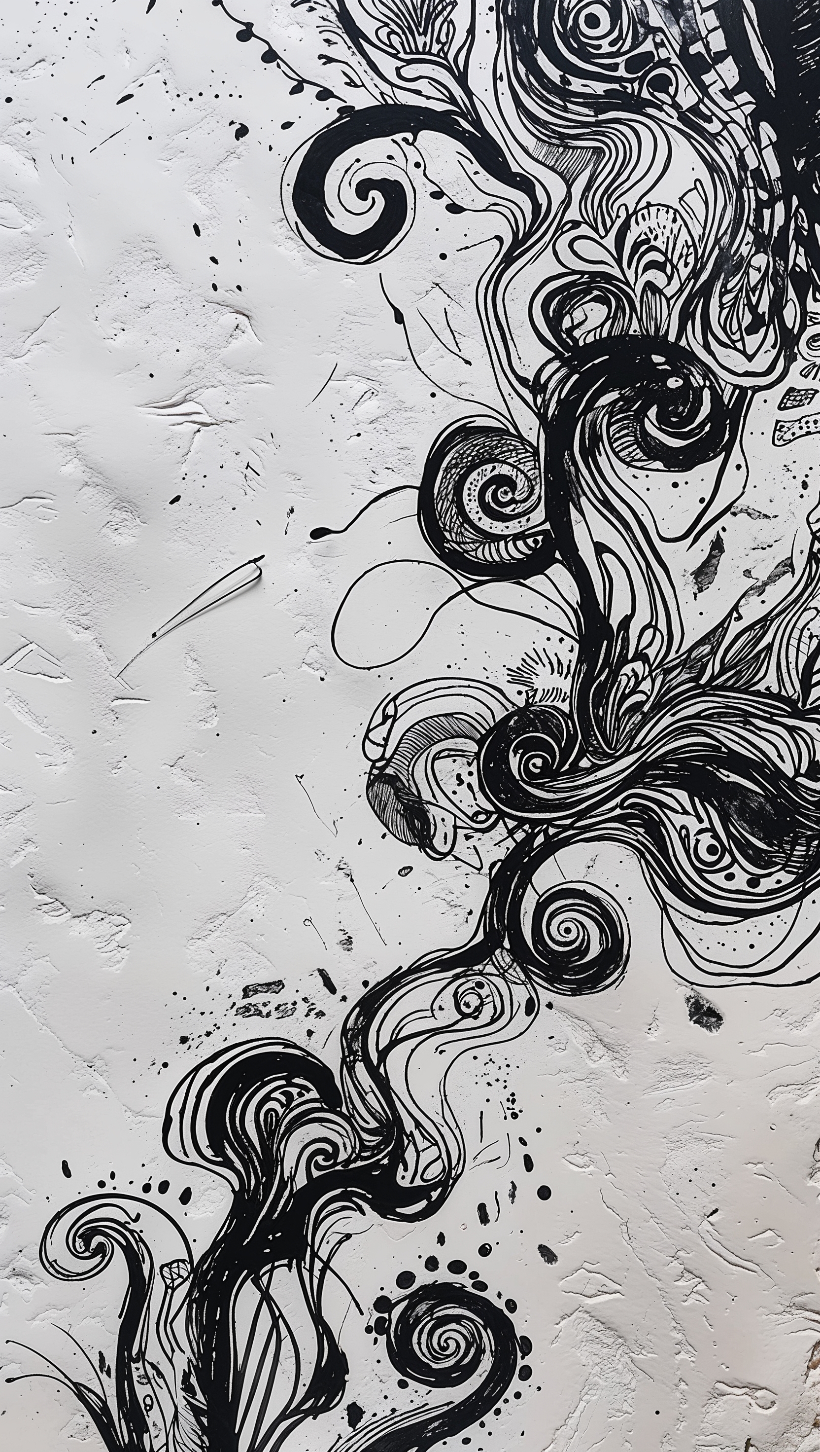 Hand-drawn black ink patterns on white paper texture, artsy and raw