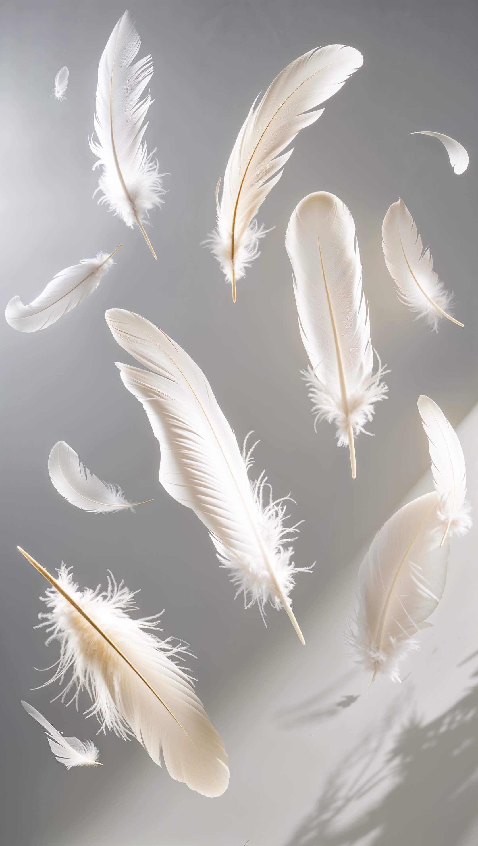 Feathers floating in air over white background, light and serene