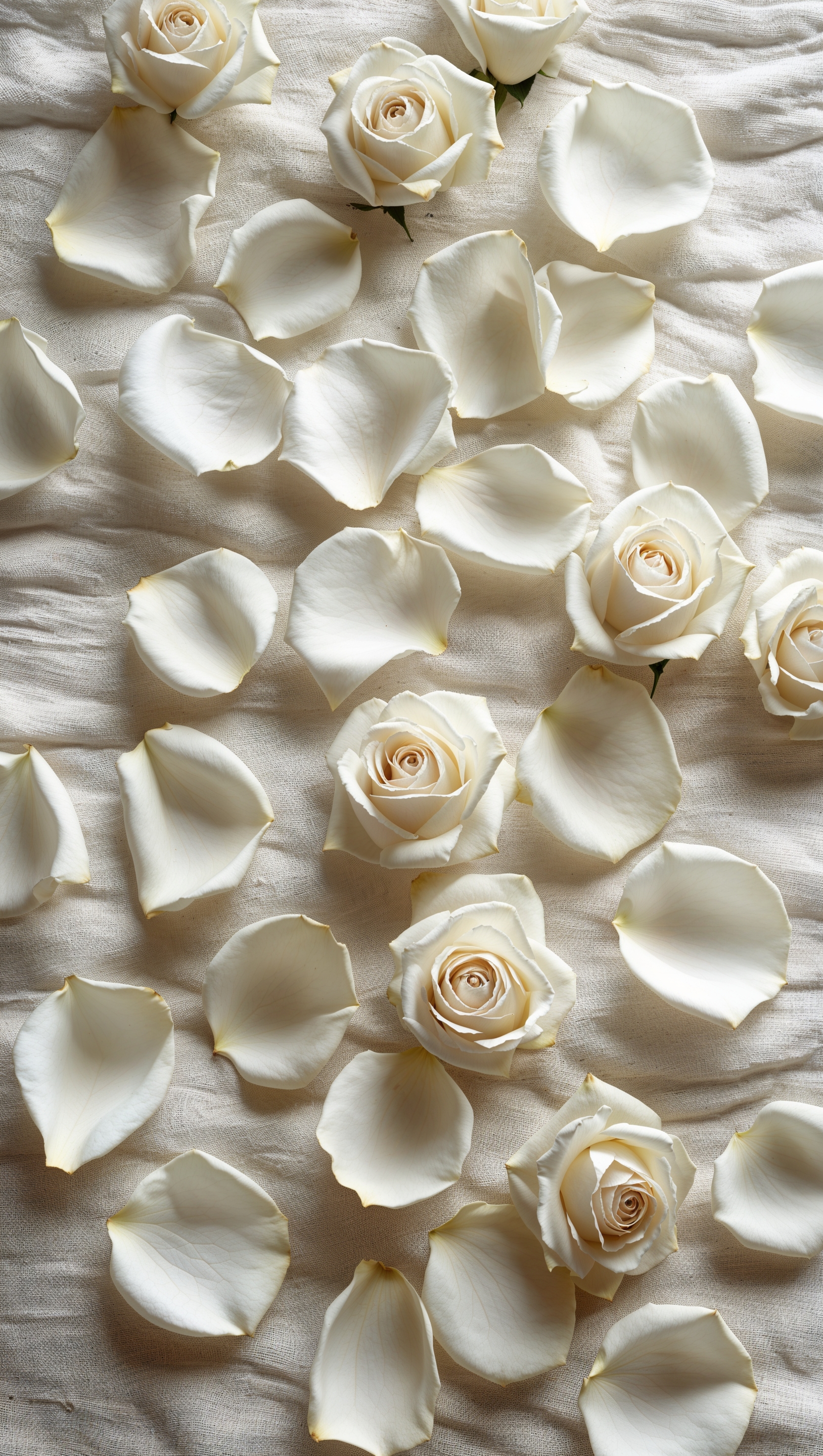 White rose petals scattered over soft cotton texture background