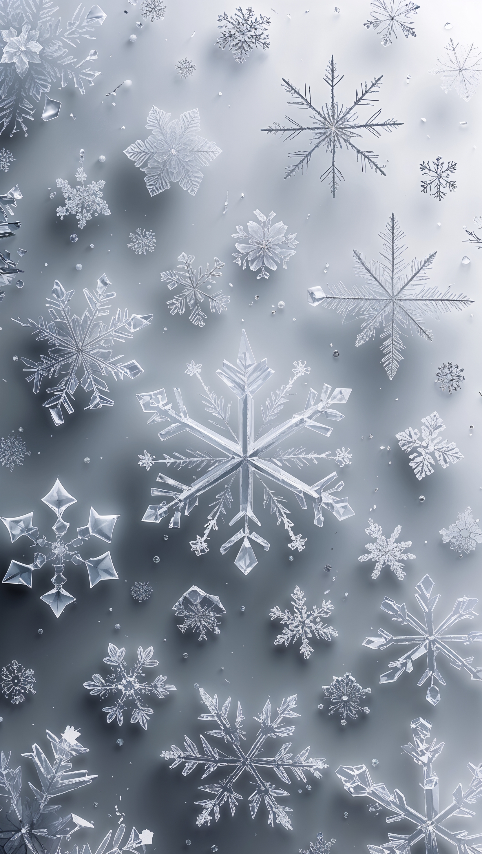 Delicate snowflake patterns in soft grayscale over pure white background