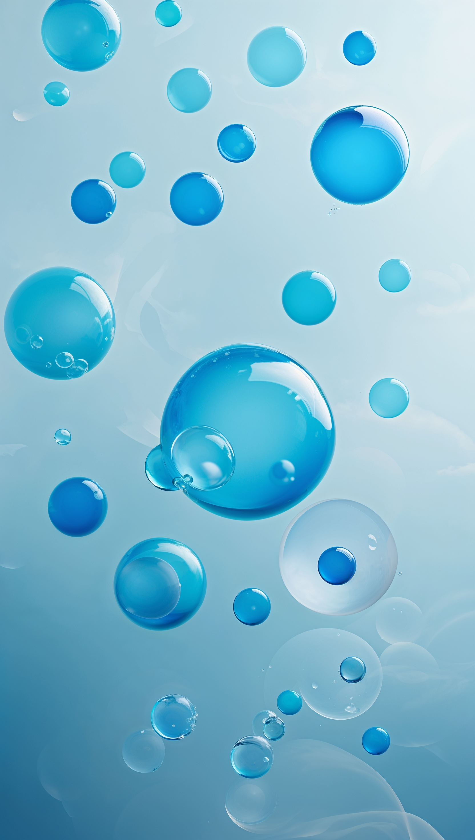 Cyan-blue bubbles floating on soft blue gradient, fresh and clean look
