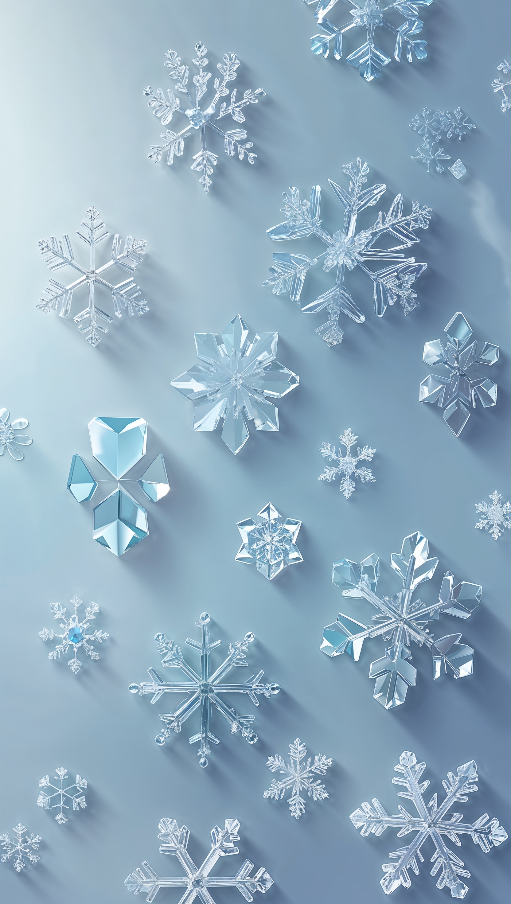 Snowflakes on pale blue background, soft wintery feel, iPhone format