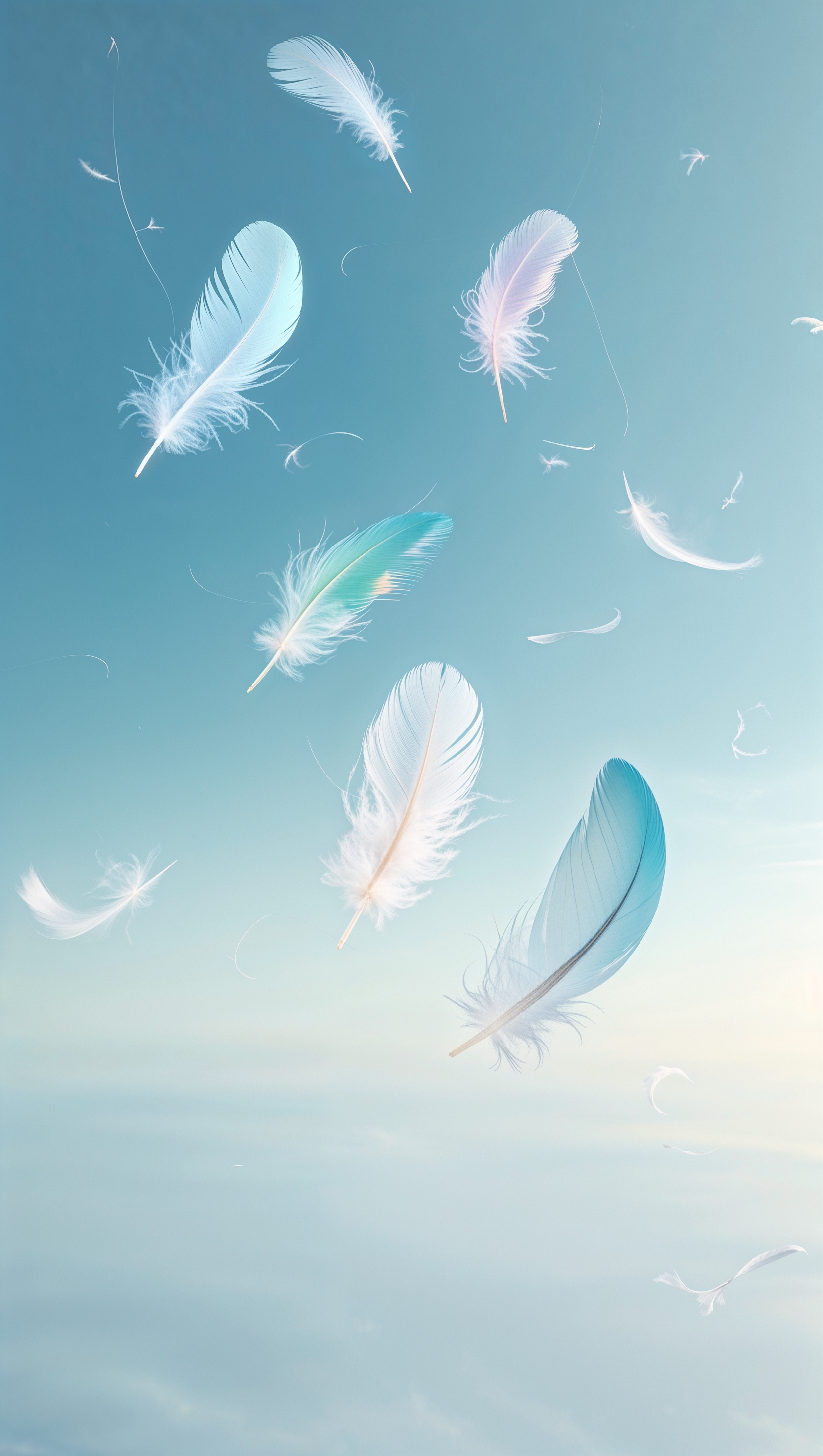 Vertical sky view with floating feathers in light blue and white tones