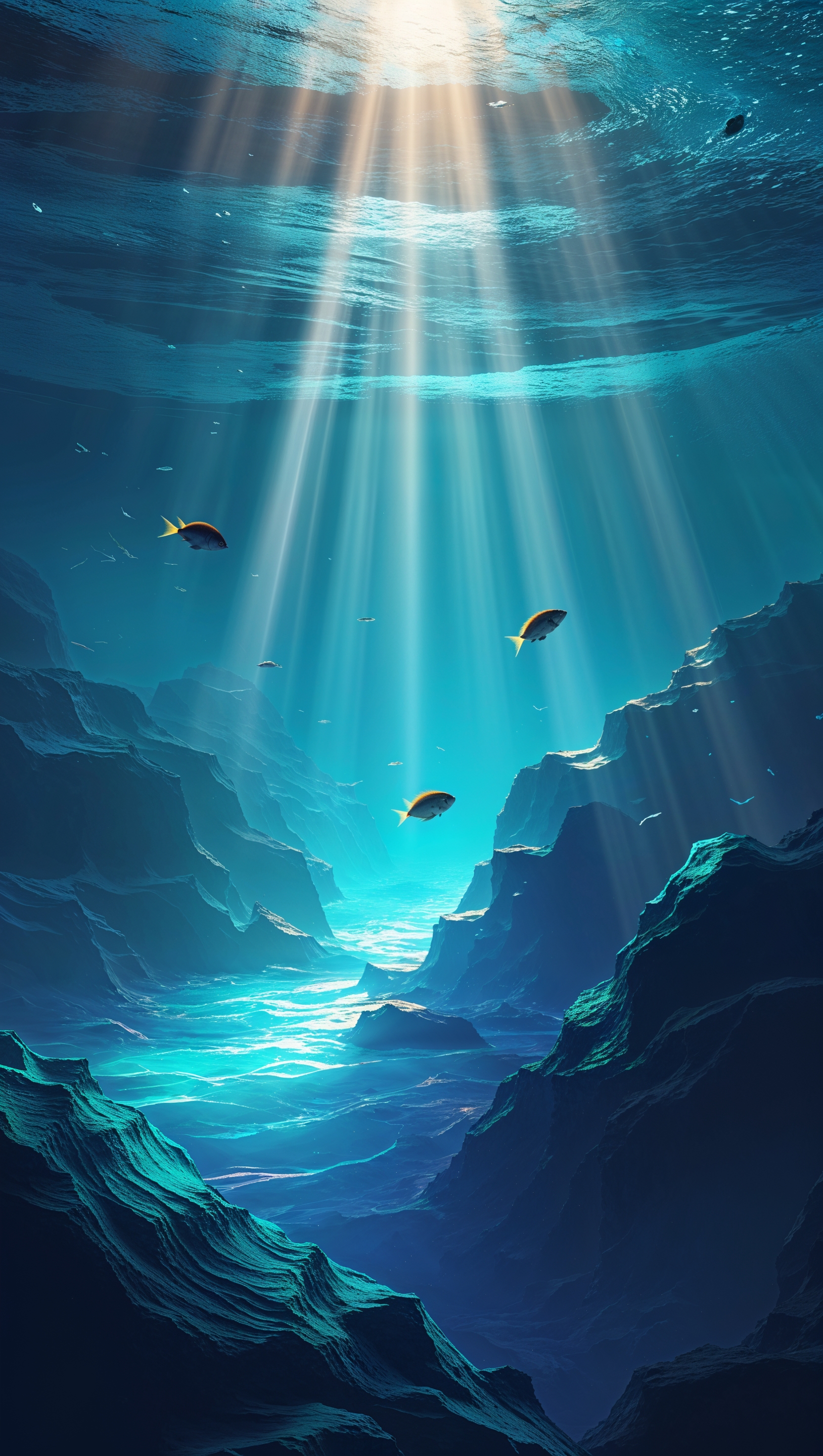 Deep underwater scene in shades of blue with light rays shining through