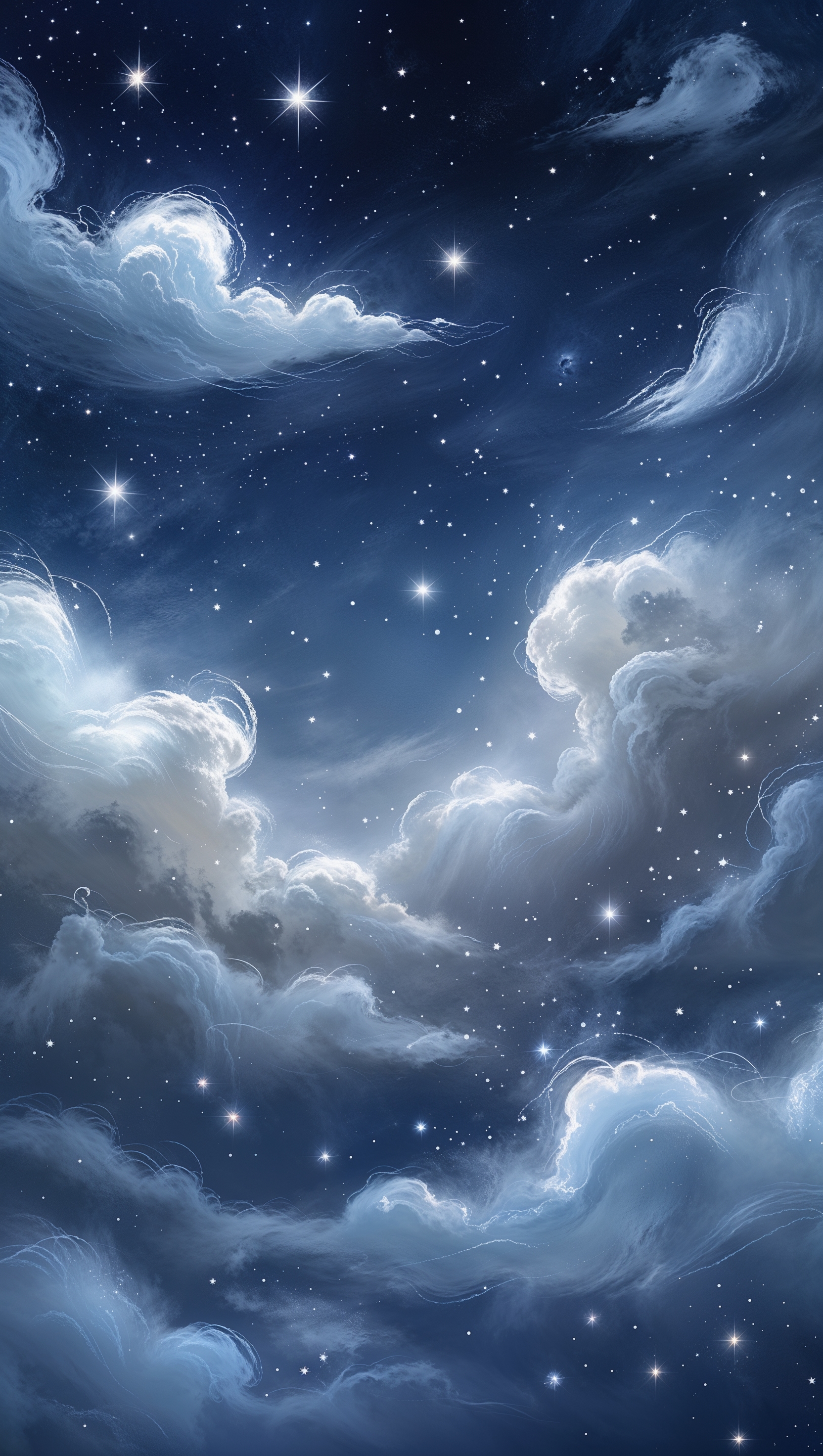 Clouds and stars in midnight blue sky, soft magical atmosphere