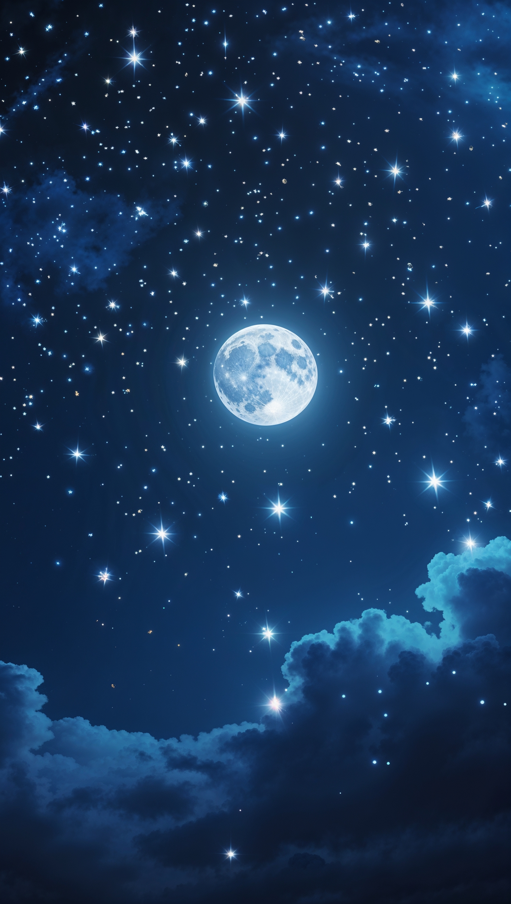 Dark blue night sky with glowing stars and soft moonlight, dreamy mood