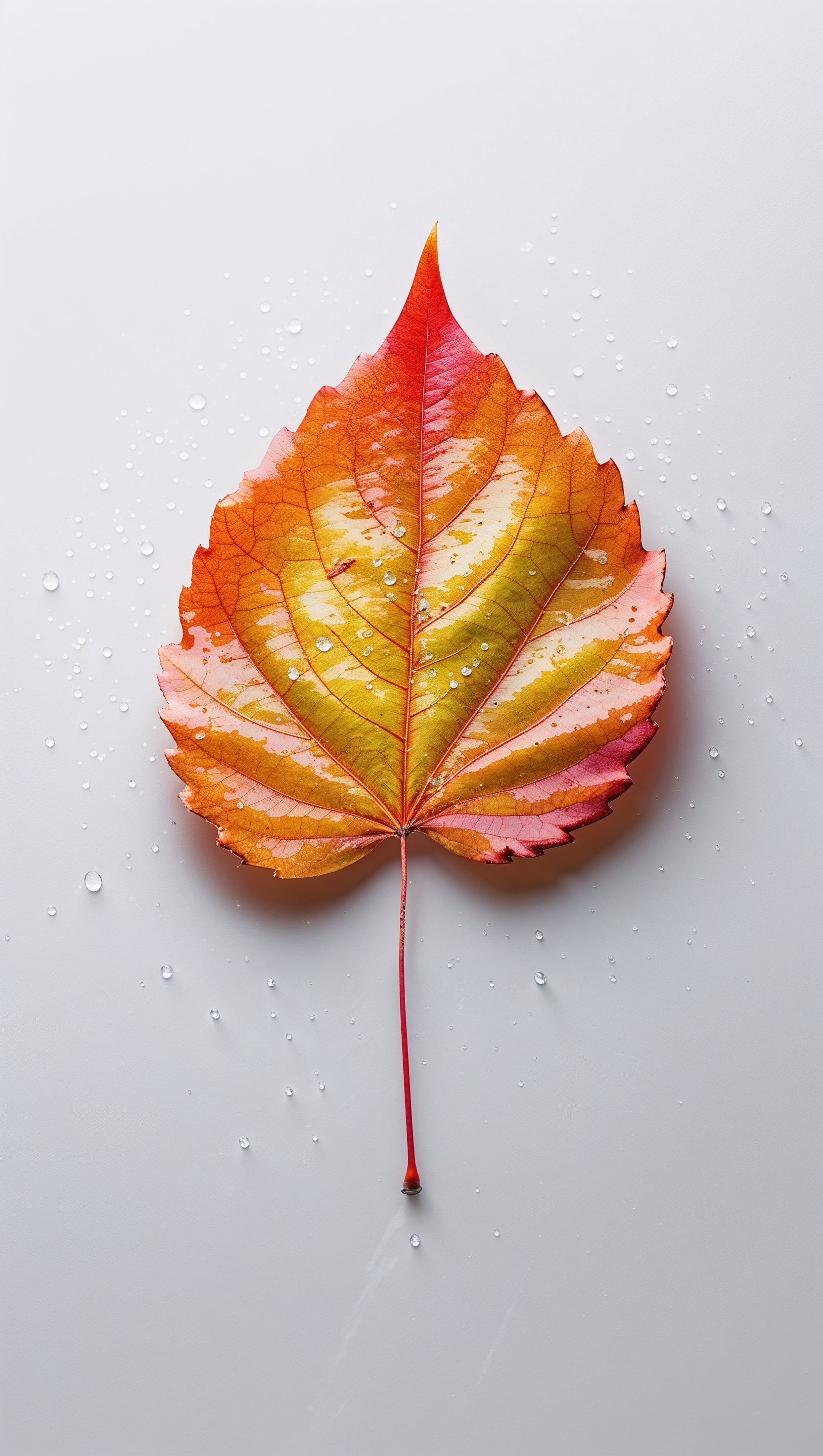 High-detail macro shot of a single dewy autumn leaf, centered on white