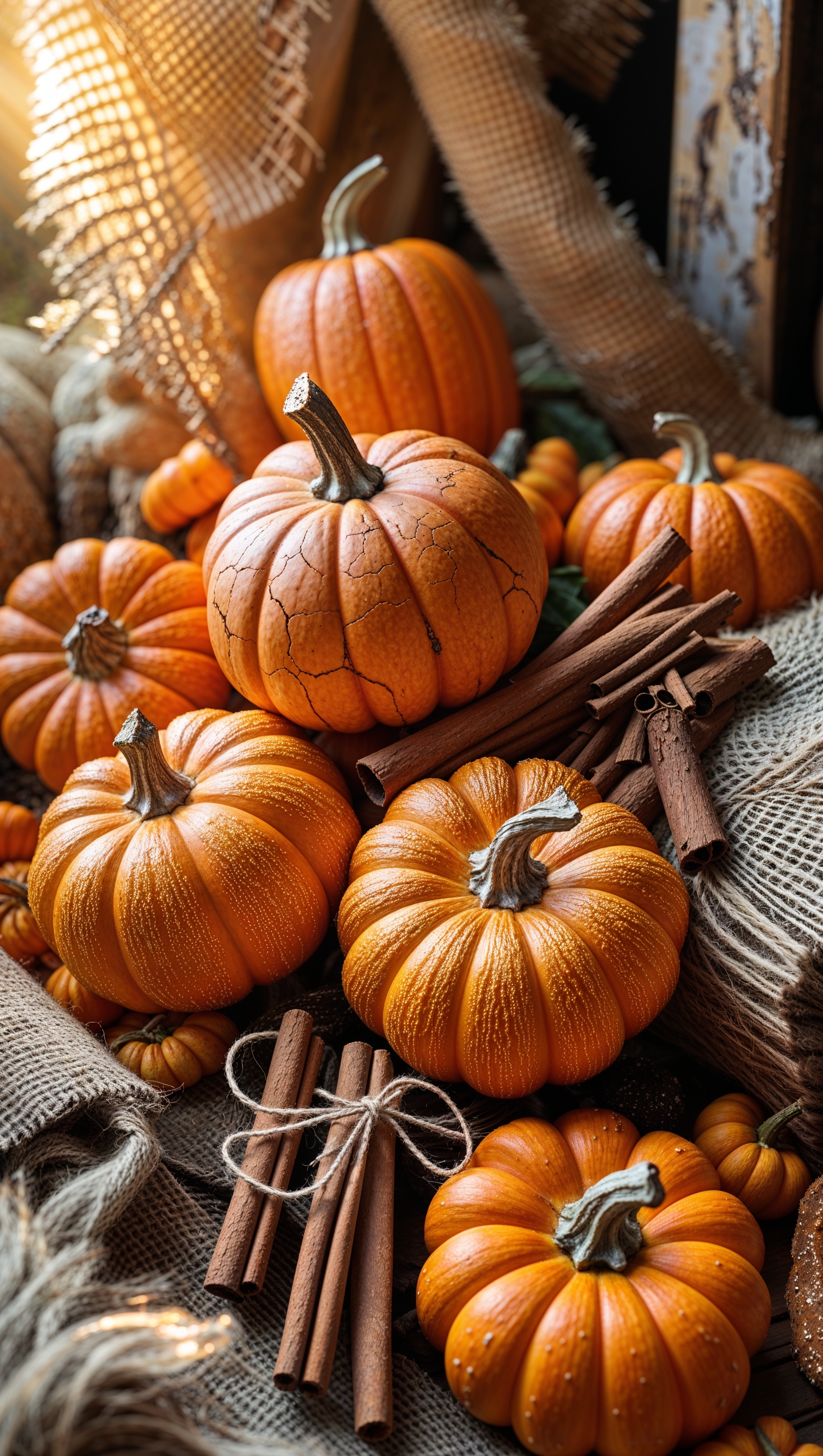 Aesthetic fall background with pumpkins, cinnamon sticks, and cozy textures