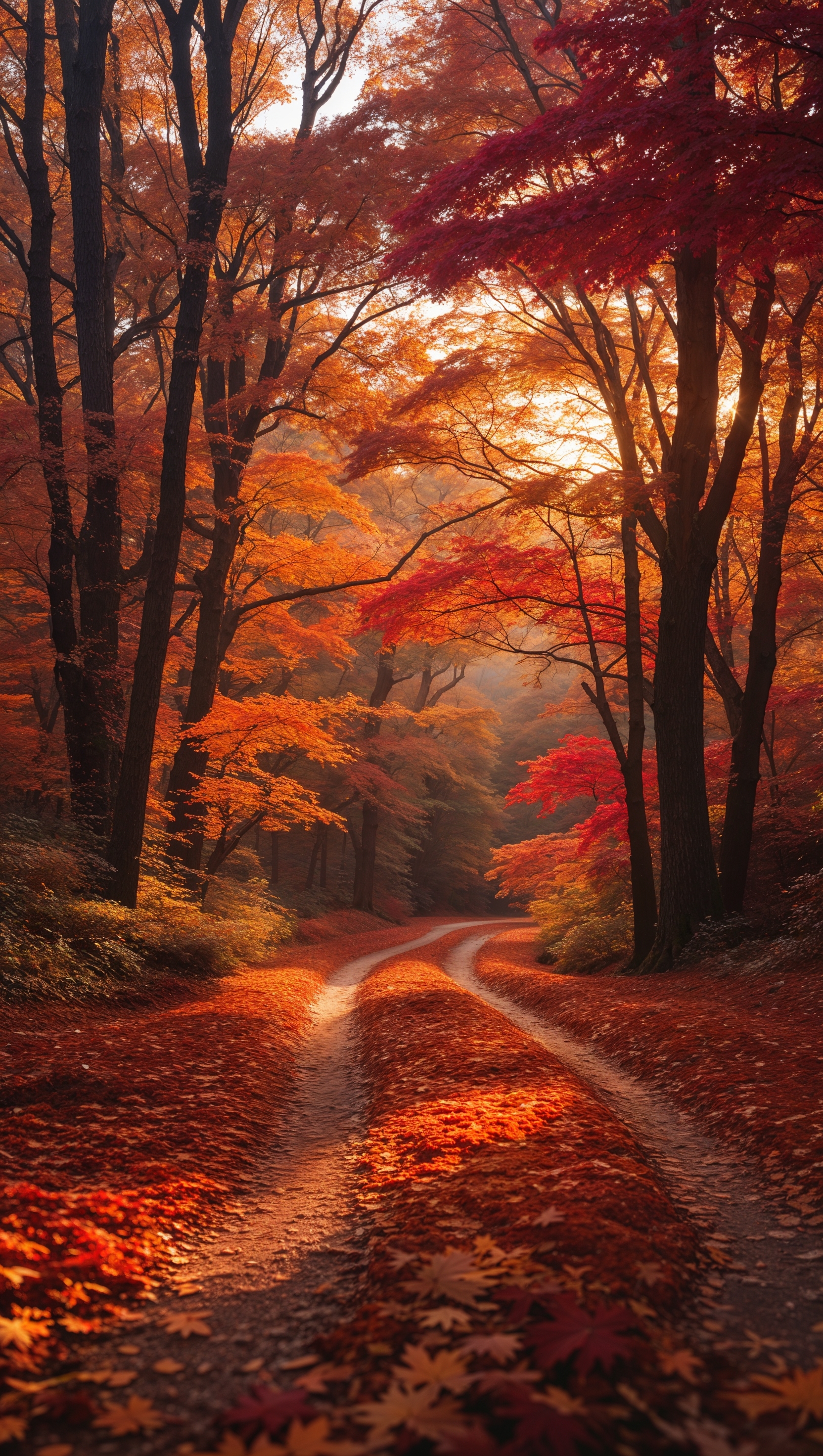Golden hour autumn forest path with warm tones and leaf carpet