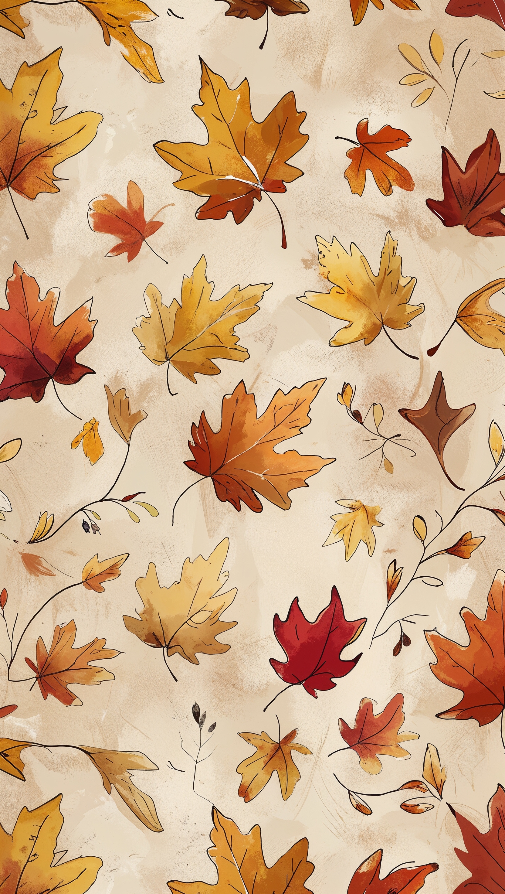 Vertical iPhone wallpaper with hand-drawn fall leaves in vintage colors