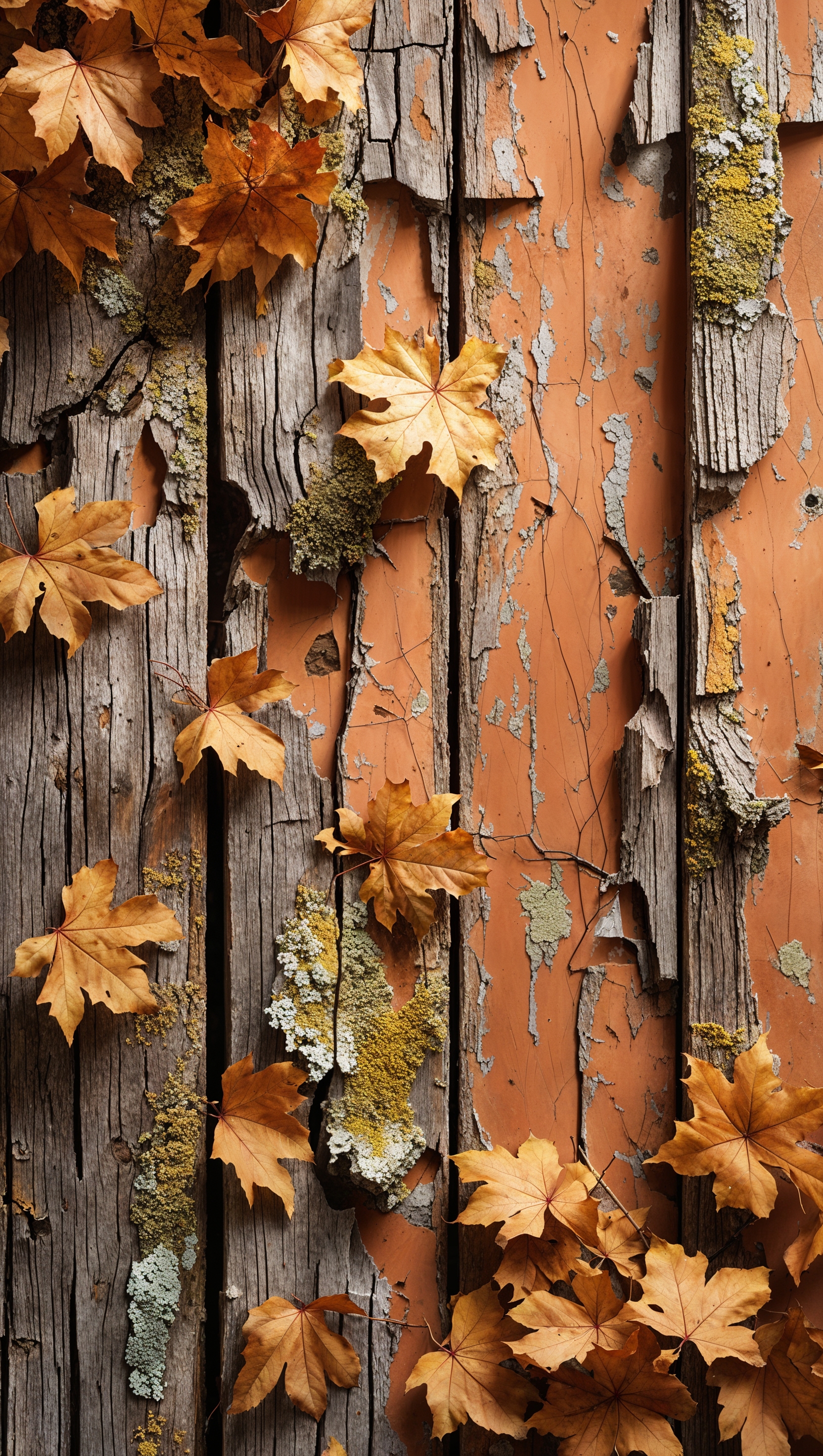 Rustic autumn background with old wooden textures and faded leaves