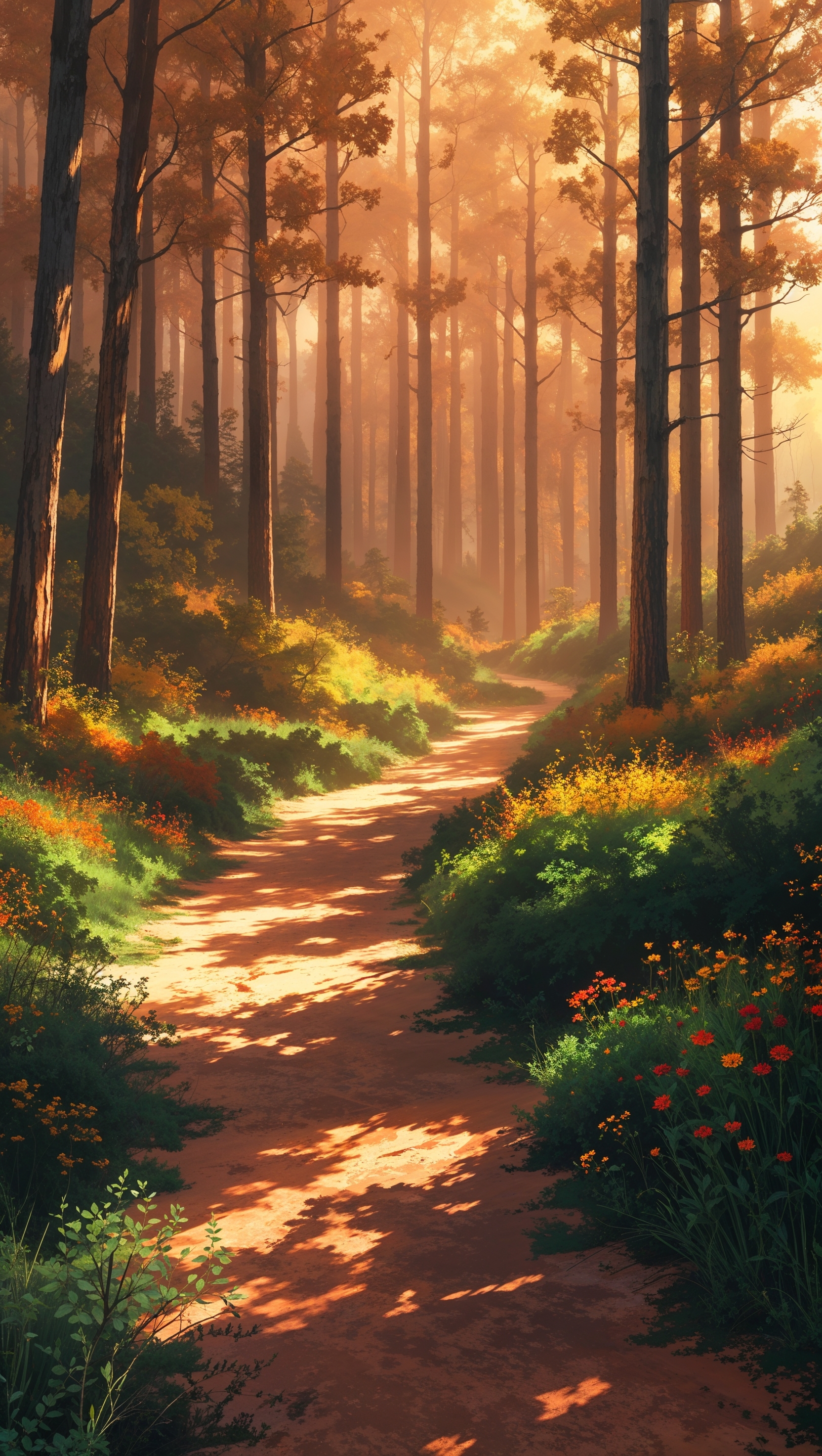 Soft light through amber trees in a peaceful forest trail, vertical layout