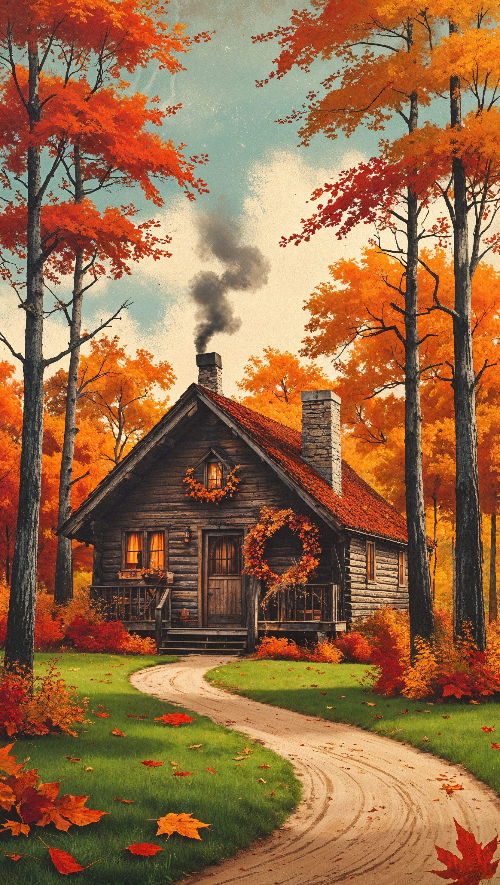 Vintage-style autumn postcard scene with cozy cabin and falling leaves