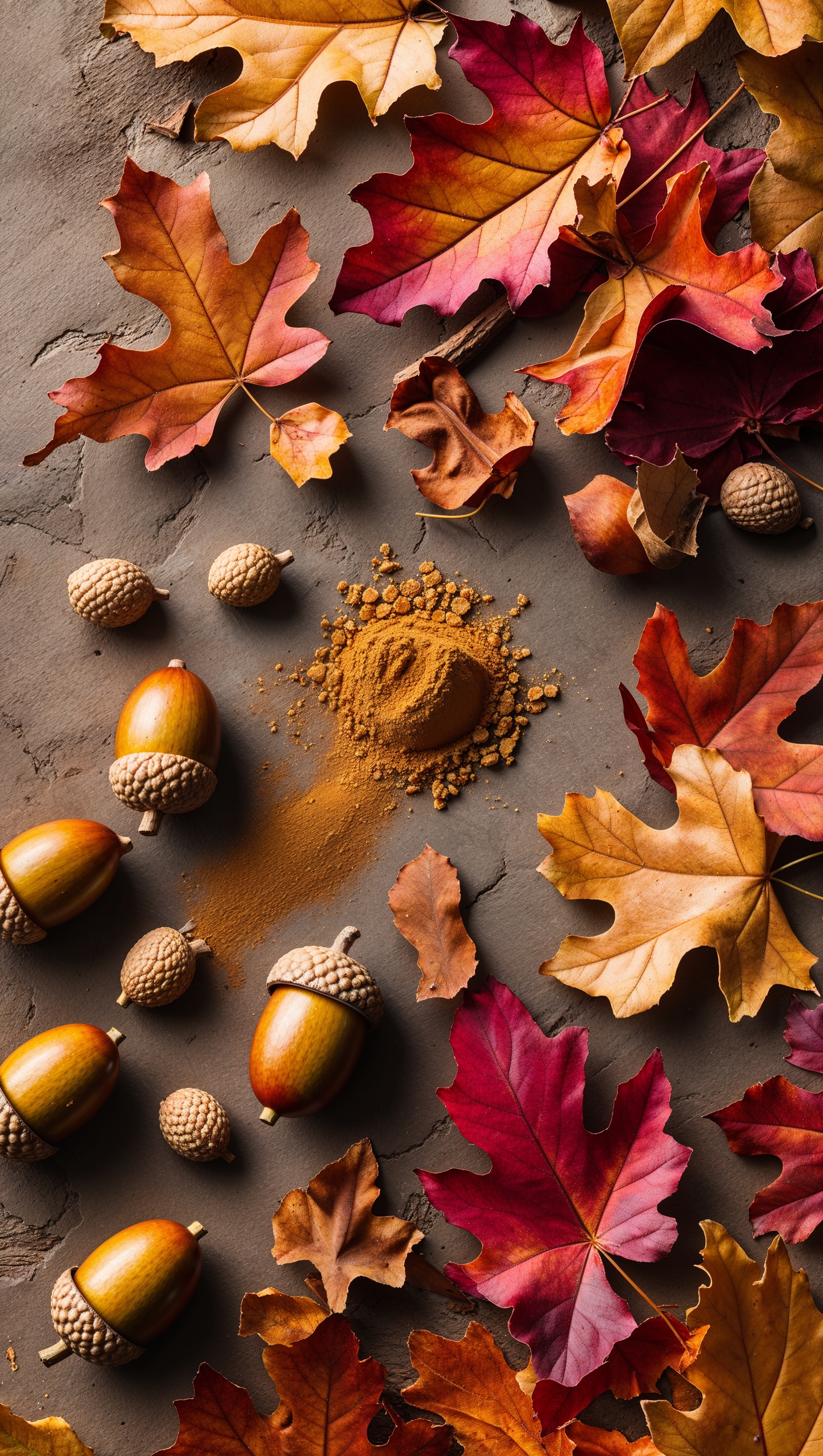 Flat lay composition of autumn objects: acorns, dried leaves, cinnamon, cozy vibe